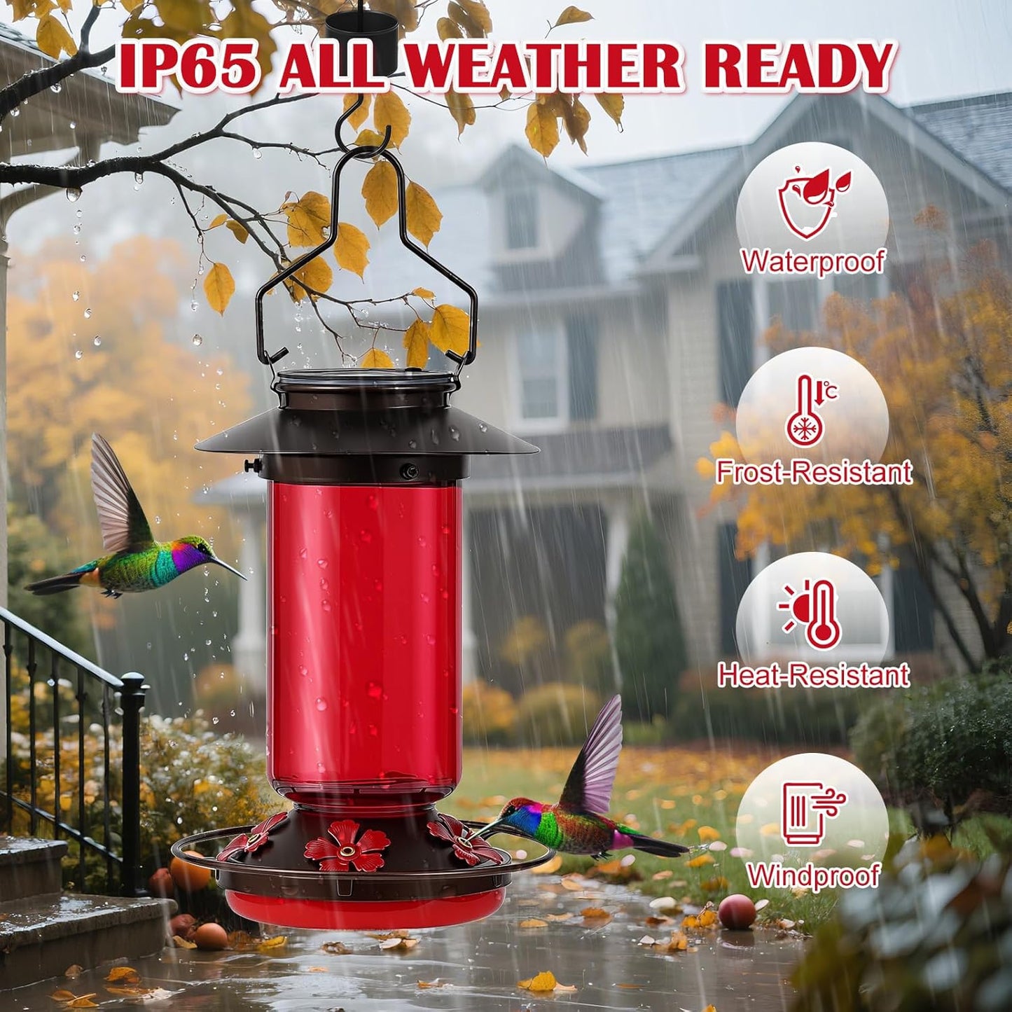 Solar Hummingbird Feeder for Outdoors Hanging Glass 21 Ounce with 5 Bee Guard Feeding Ports and Ant Moat, Leak-Proof, Red
