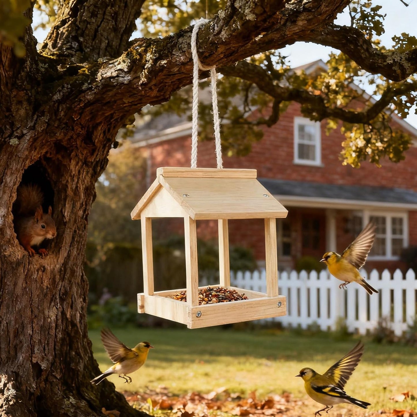 Bird Feeder, Wooden Weather-Resistant Outdoor Feeding House, Squirrel-Proof Design for Backyard Garden, Durable Timber Construction, Wildlife-Friendly Birdhouse for Finches, Sparrows, Chickadees
