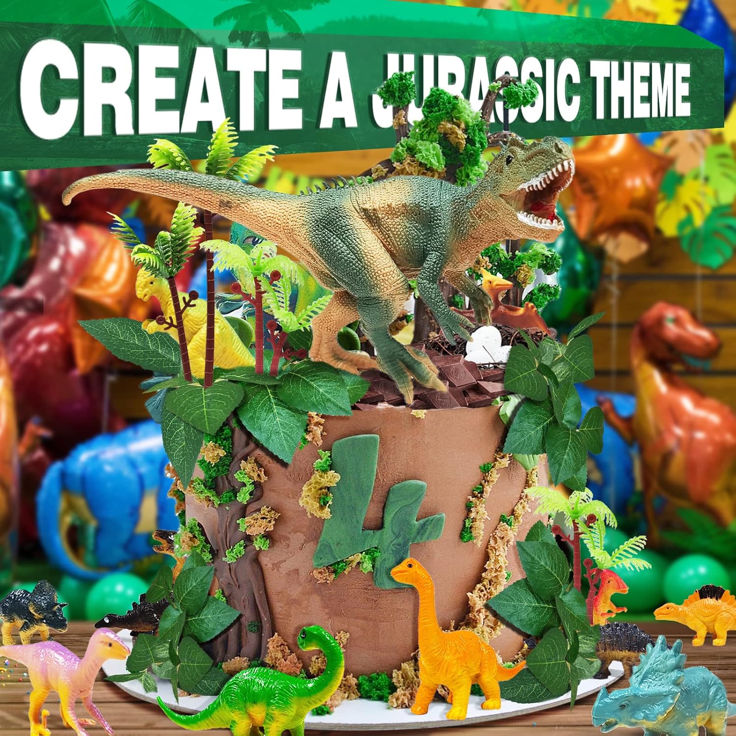 26 PCS Dinosaur Cake Toppers With Dinosaur Eggs Leaves Trees Cake Deco