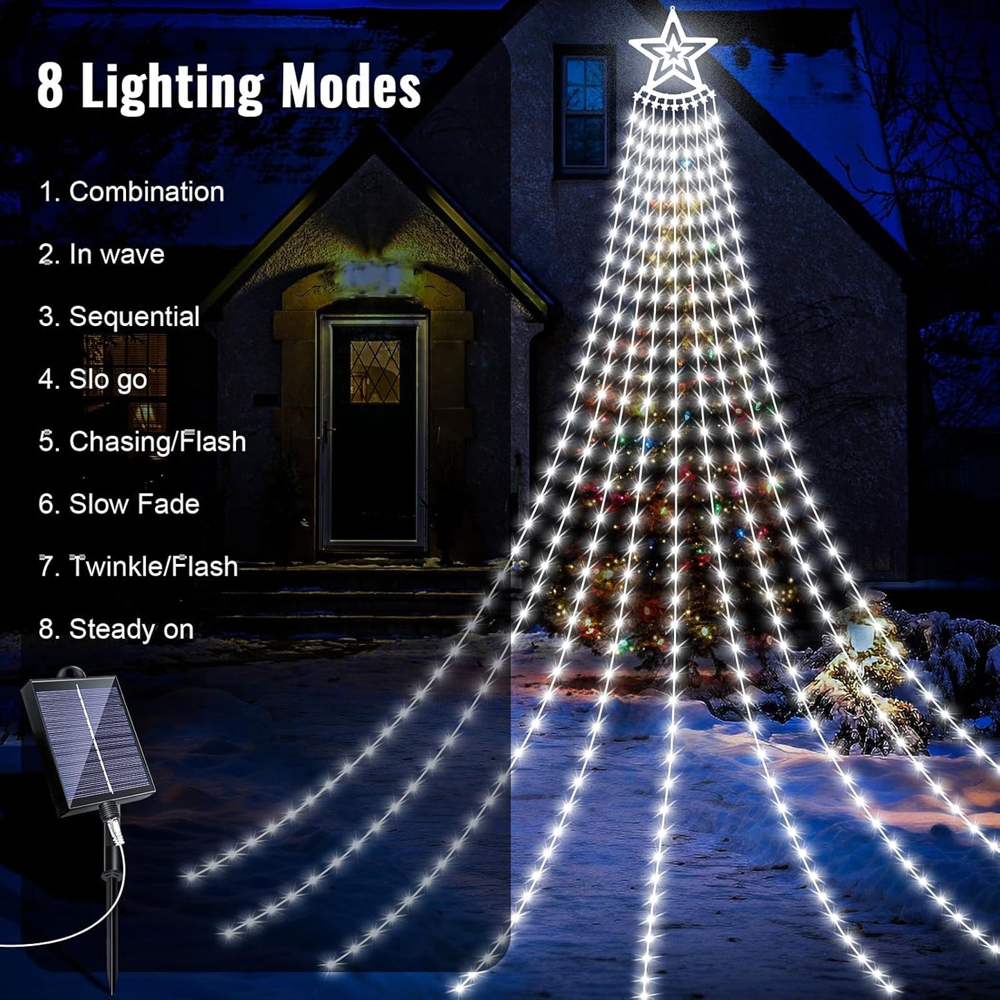 HELESIN Solar Outdoor Christmas Decorations Lights, 350LED Christmas Star Tree Light wth Remote Control, 8 Modes Waterfall Lights USB Charge for Holiday Xmas Tree Patio Yard Decor, Cold White