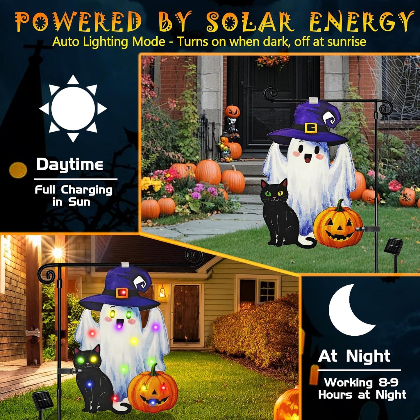 Lighted Shaped Halloween Garden Flags, 8 Modes Double-Sided Cute Solar Halloween Decorations Outdoor LED Flag, Yard Decorations for Patio Lawn Home Door Porch (Ghost Multicolor, 12x18)
