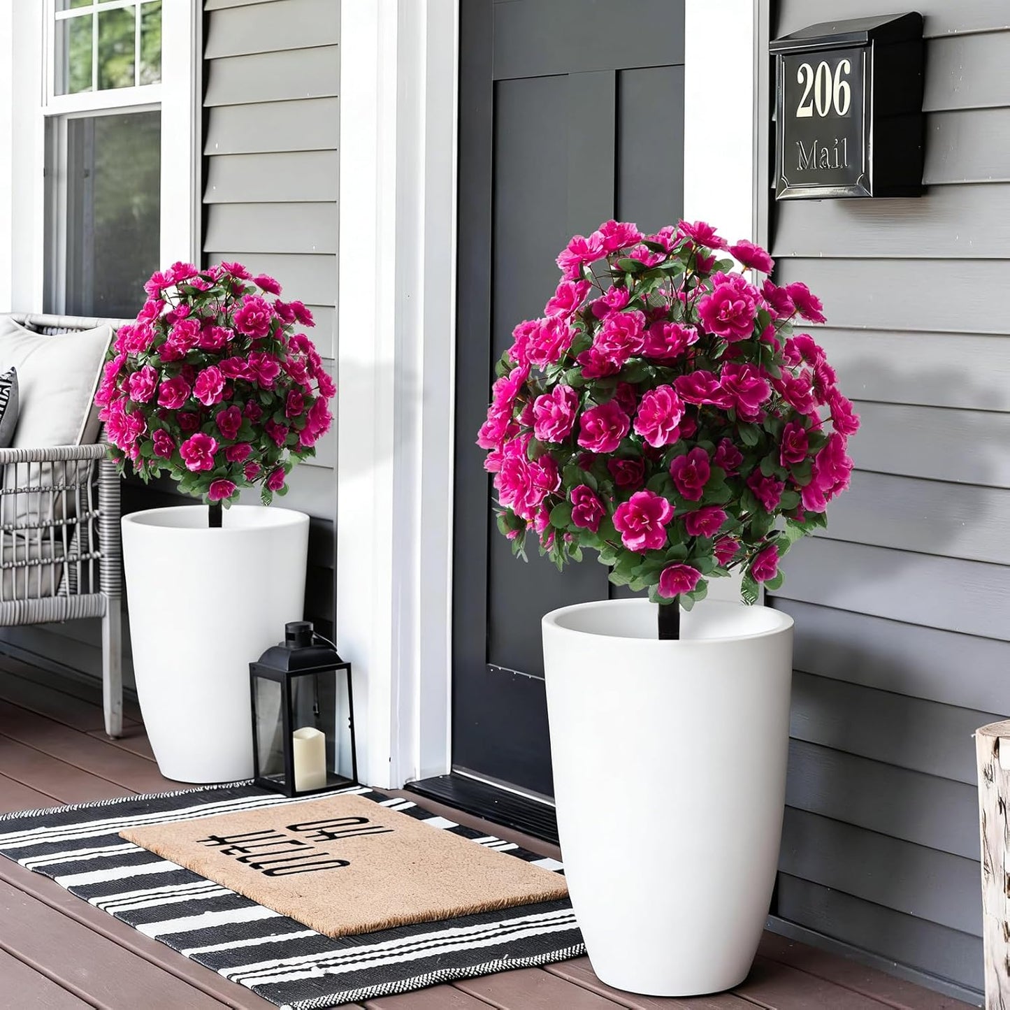 Artificial Silk Flowers Azalea for Outdoor with Ground Spike, Spring Summer 23" Faux Floral Topiaries Ball Bushes Shrubs for Home Garden Yard Patio Decor UV Resistant (Purple)