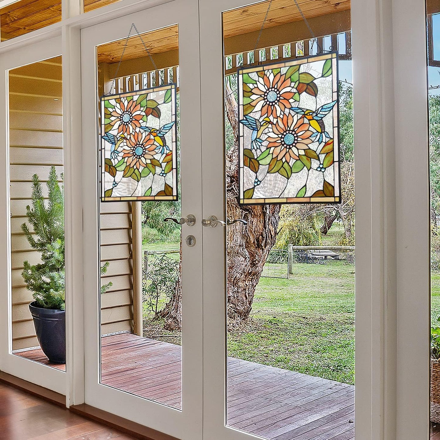 Capulina Stained Glass Window Hangings Panels Sunflower Humming Bird R