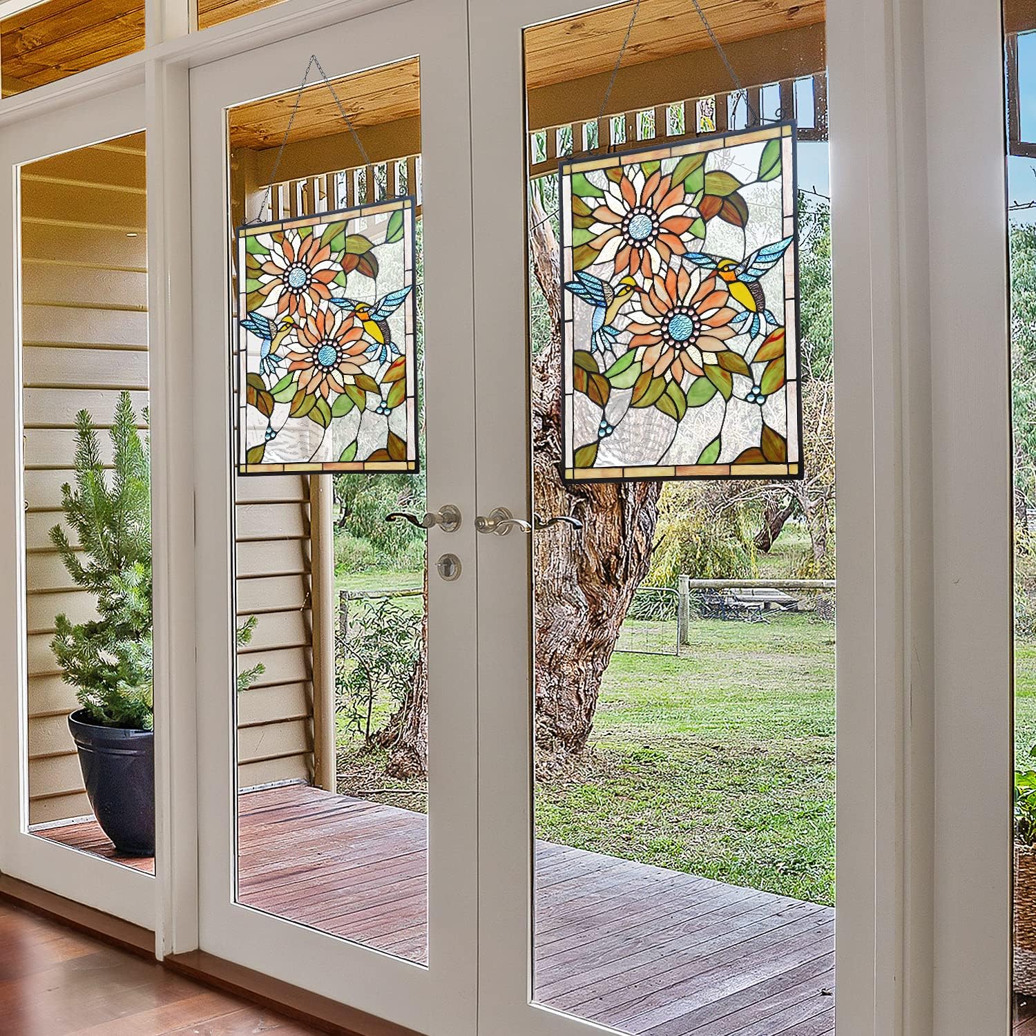 Capulina Stained Glass Window Hangings Panels Sunflower Humming Bird R