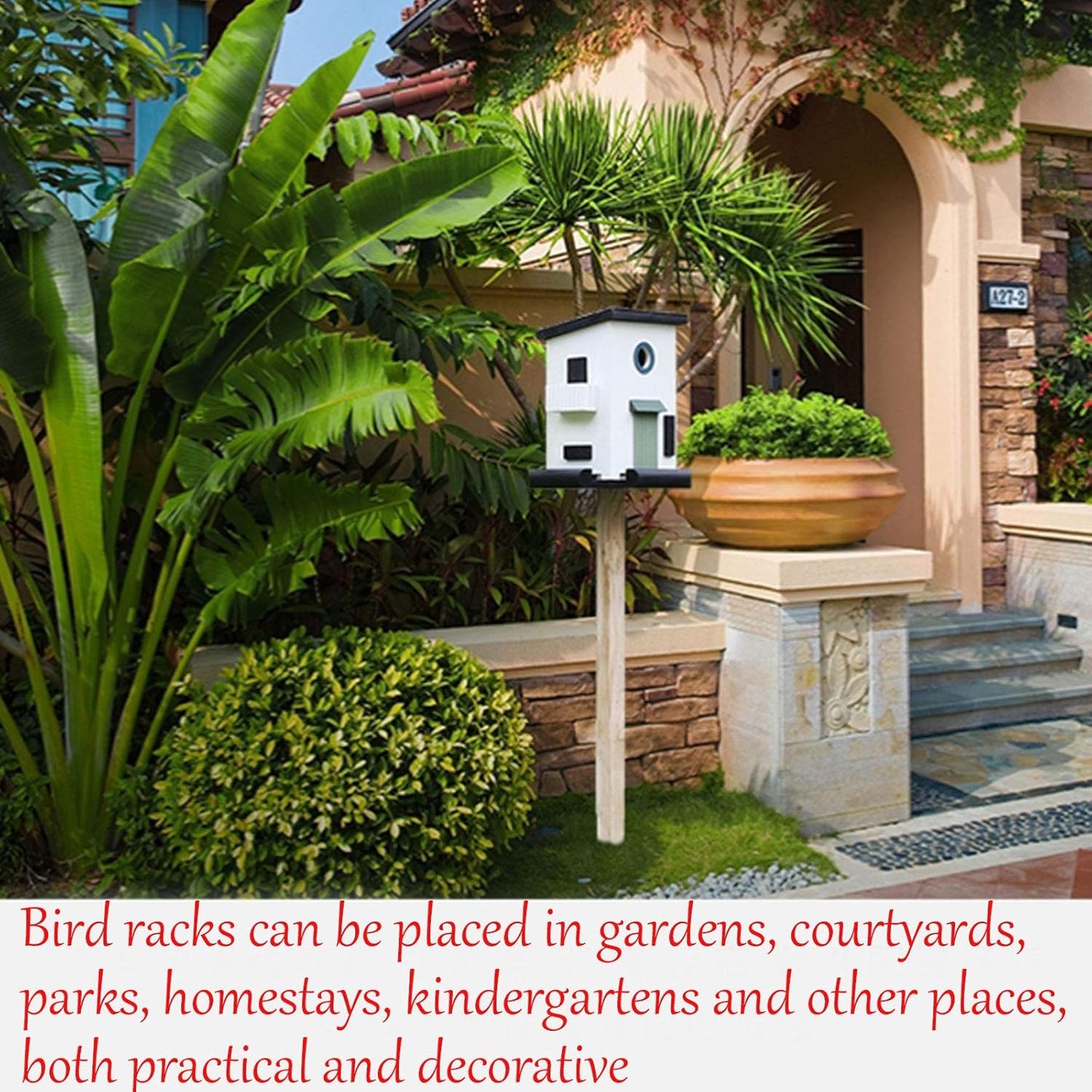 Outdoor Yard Bird House Garden Decoration Bird Perch and Food Container Suitable for All Wild Birds (G)