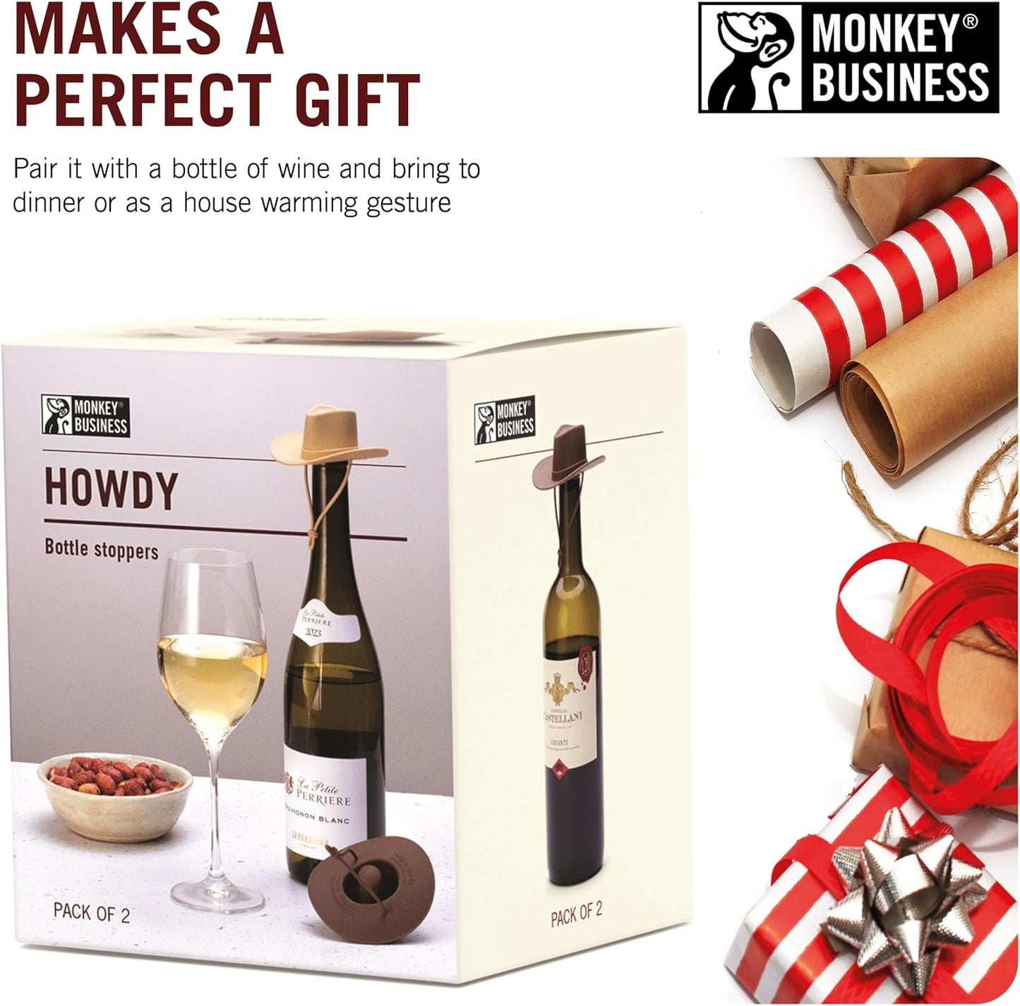 Monkey Business Howdy - 2-Pack Cowboy Hat Wine Stoppers – Fun Silicone