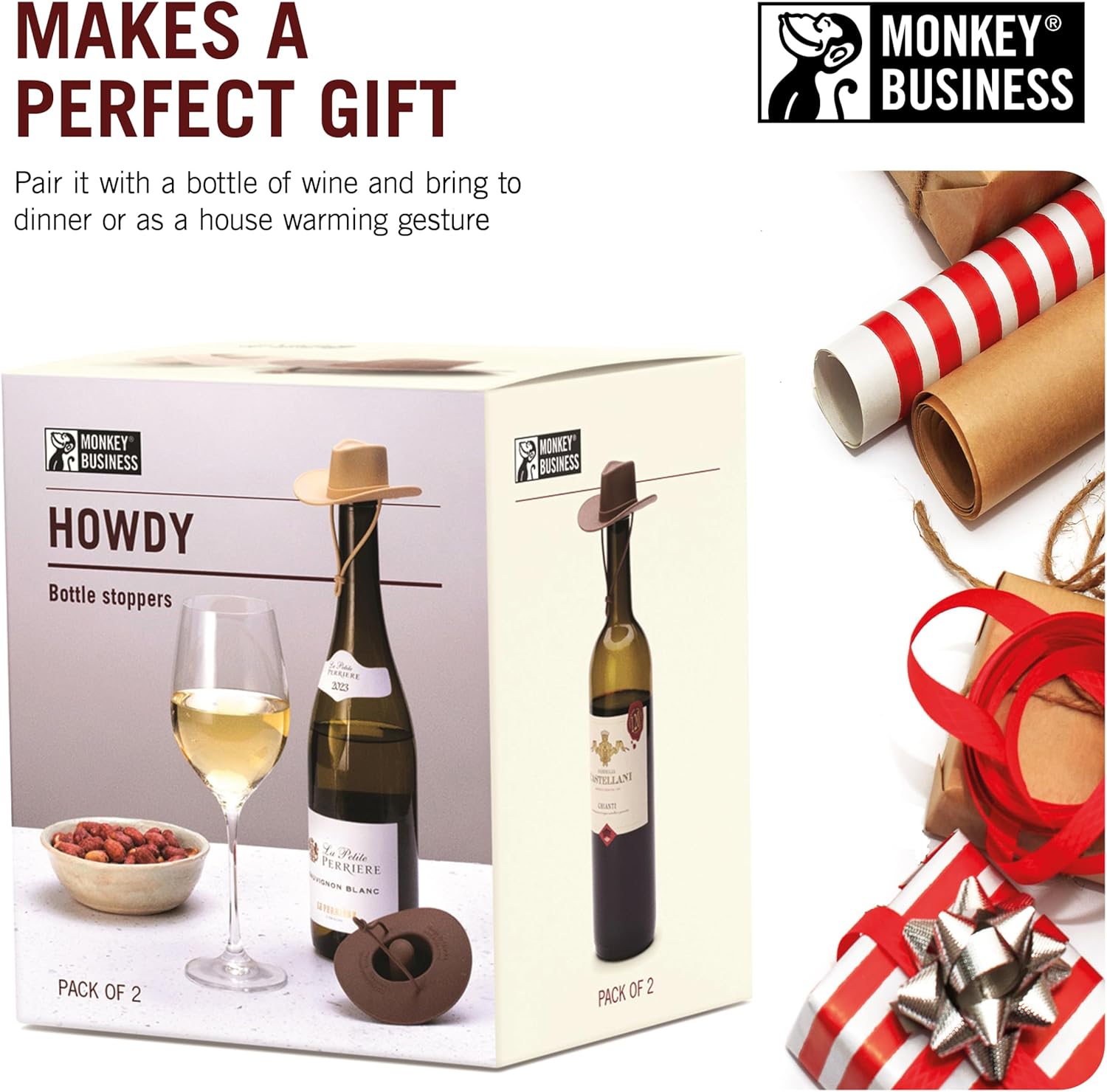 Monkey Business Howdy - 2-Pack Cowboy Hat Wine Stoppers – Fun Silicone