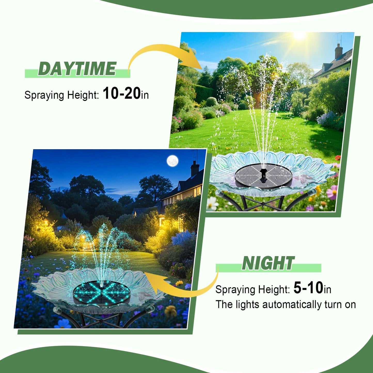 Yzert Upgraded Solar Fountain Bird Bath with 60 LED Lights, Solar Powered Water Fountain Pump with 4000mAh Battery 7 Nozzles 4 Fixers, for Garden Patio Pond Birdbath Pool