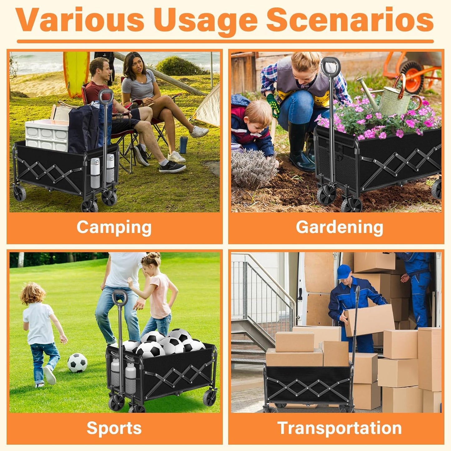 Wagons Carts Foldable,360lbs Collapsible Wagon with Wheels, Lightweight Foldable Wagon Cart with Drink Holders for Camping,Travel,Picnic,Shopping,Sports,Storage,Fashion Black