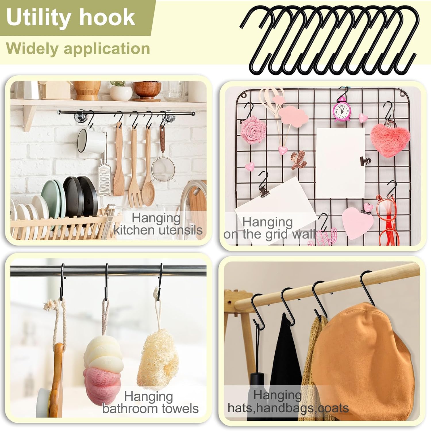30 Pack 2.4 inches S Hooks for Hanging on Wire Shelves, Black S Shaped