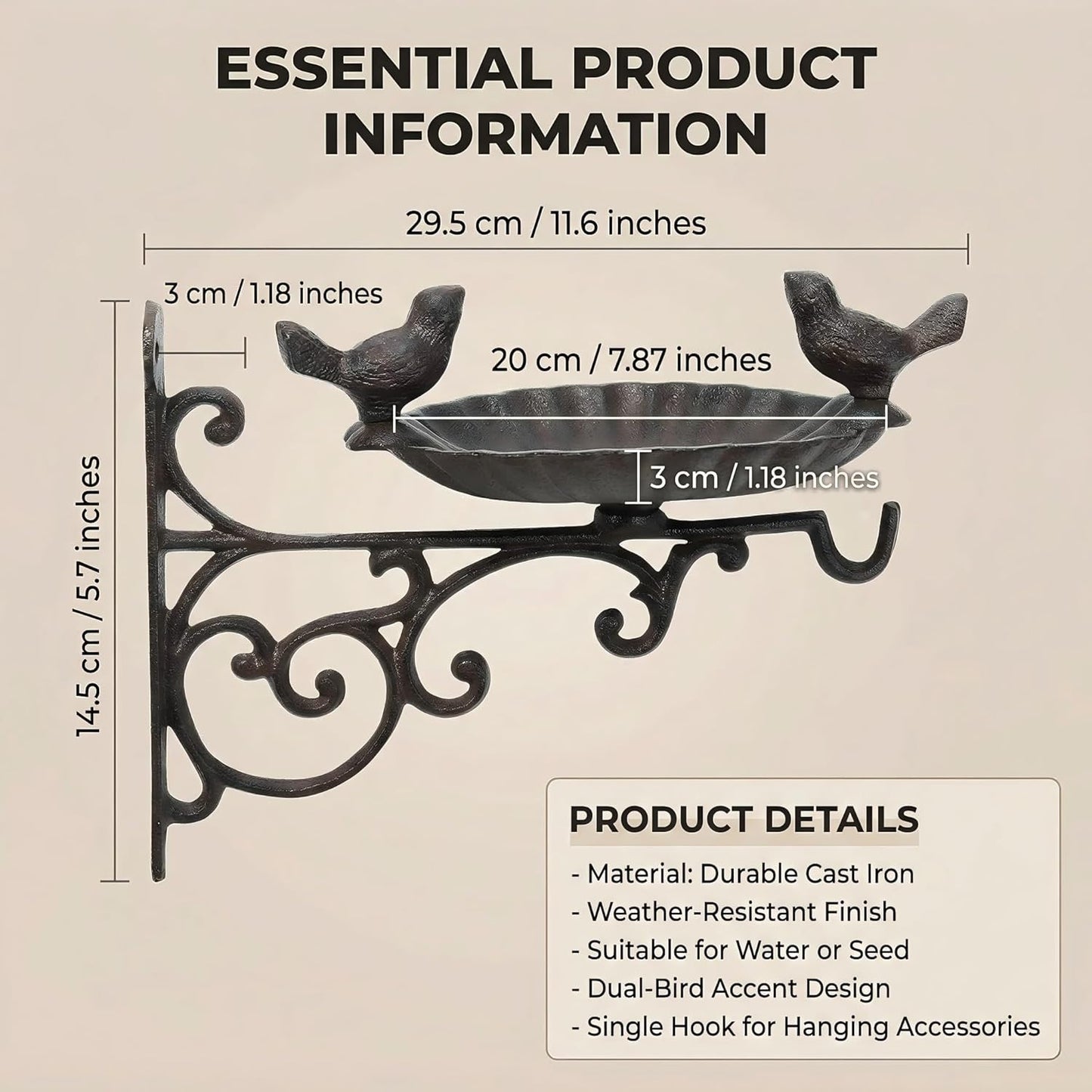 Cast Iron Bird Bath Feeder, Wall Mounted Bird Bath, Black Metal Garden Planter Hanger with Hanging Bracket, Wall Hook for Lanterns, Wind Chimes and More Garden Decorative Items