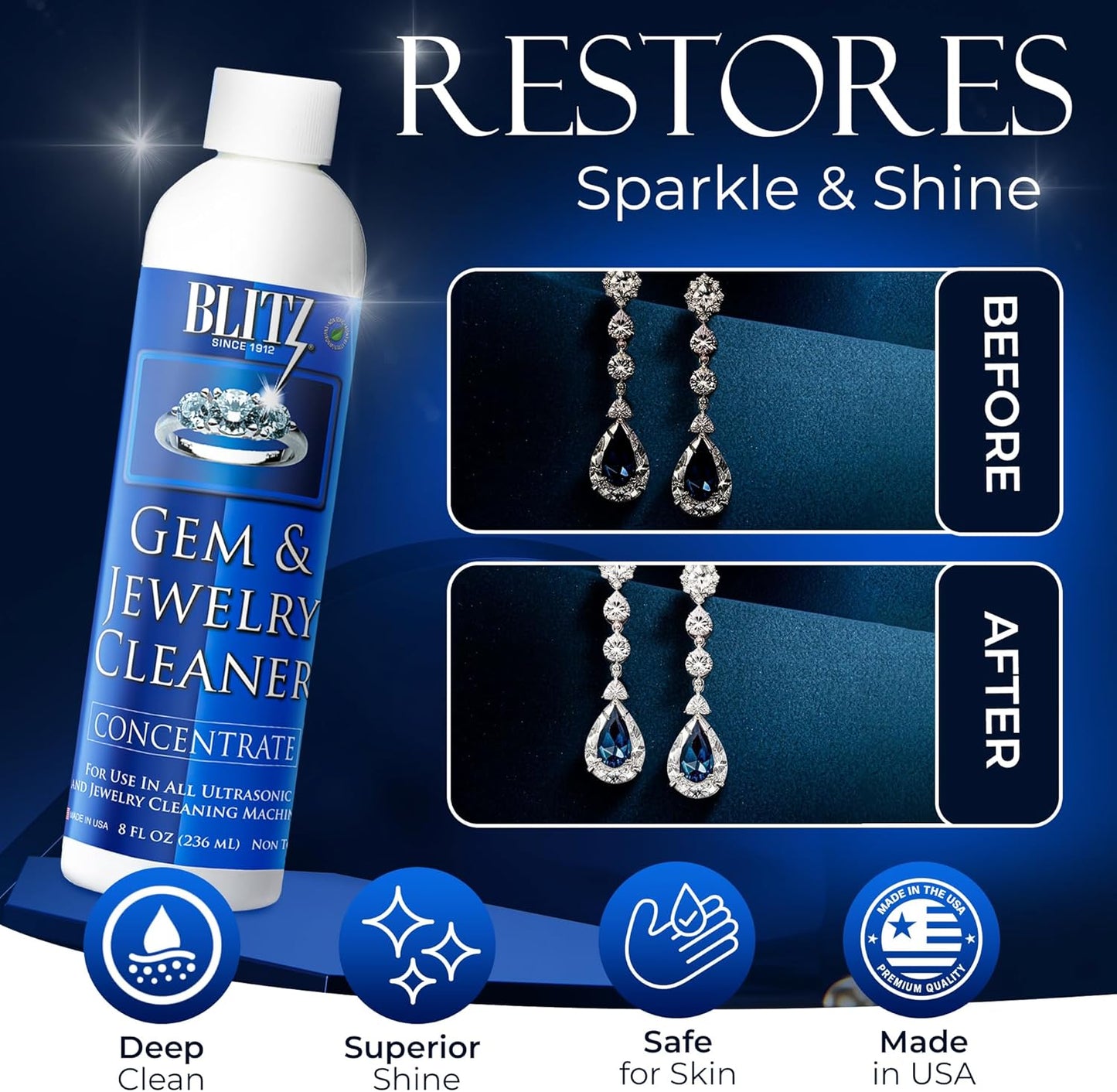 Blitz Gem & Jewelry Cleaner Liquid Concentrate for Gold, Silver, Platinum Jewelry Cleans Non-Porous, Precious & Semi-Precious Stones Non-Toxic, Non-Abrasive, Planet Friendly Made in USA 8oz (2 Pack)