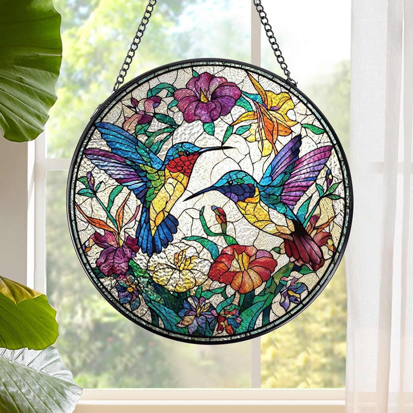 Hummingbird Stained Glass Window Hanging, 7.8″ Sun Catchers with Hook 