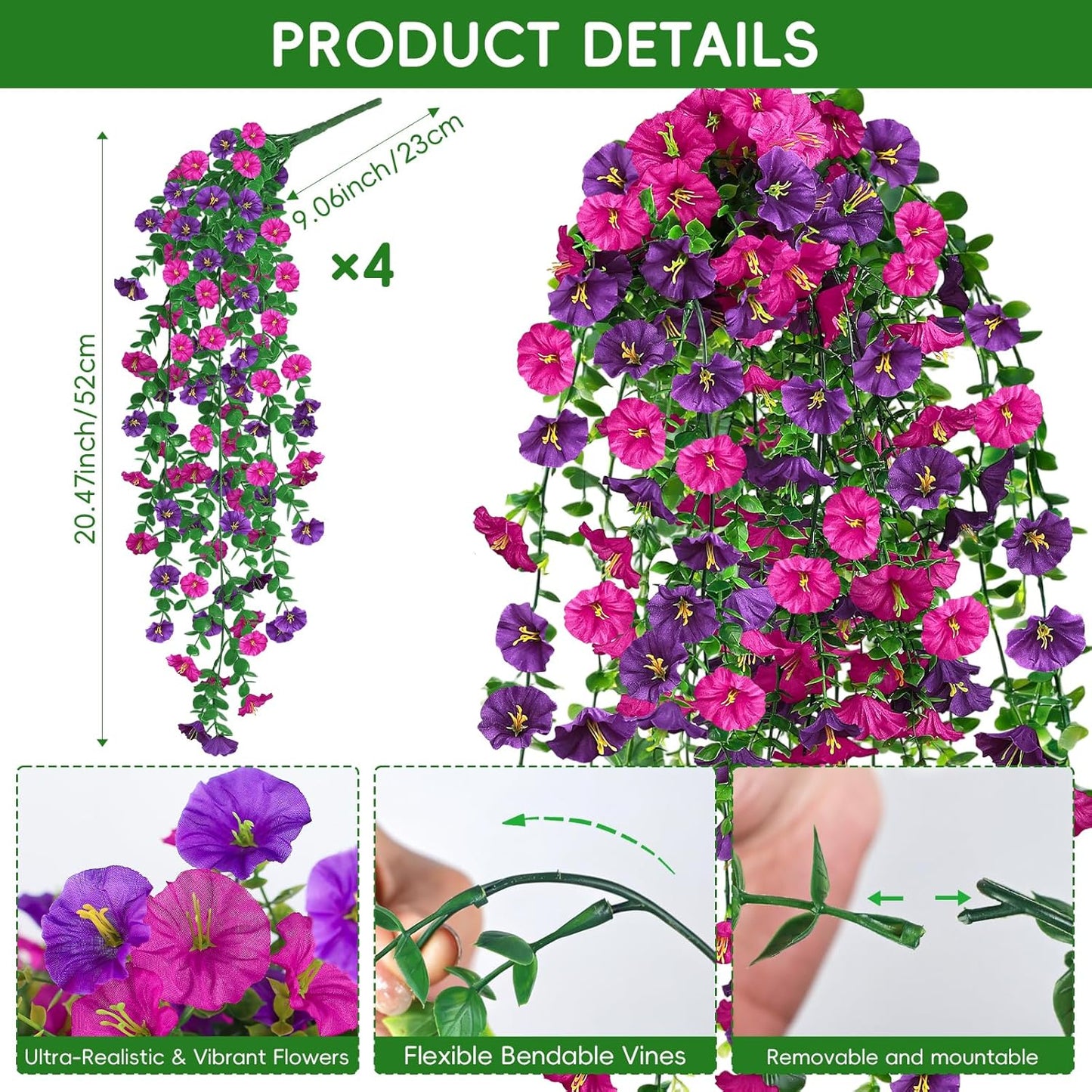 Artificial Hanging Flowers for Outdoor, 4Pcs UV Resistant Faux Morning Glory Flower Spring Summer Decroation, No Fade Fake Flower Trailing Vine for Porch Patio Balcony Yard Garden, Purple+Light Purple
