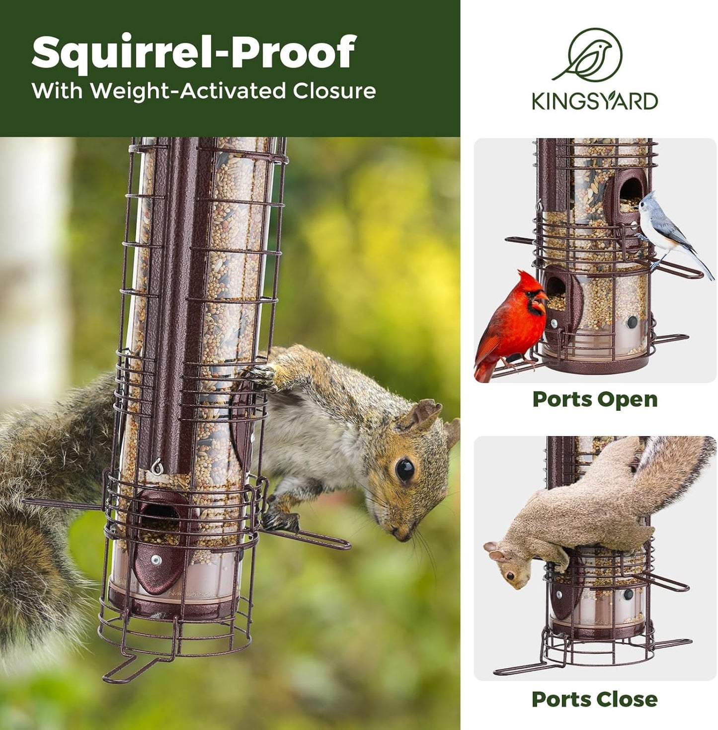 Kingsyard Squirrel Proof Bird Feeders for Outdoors with Weight-Activated Perches, 3 Lbs Capacity Large Metal Bird Feeder for Small Wildbirds Finch Cardinal Bluebird, Weatherproof, Copper