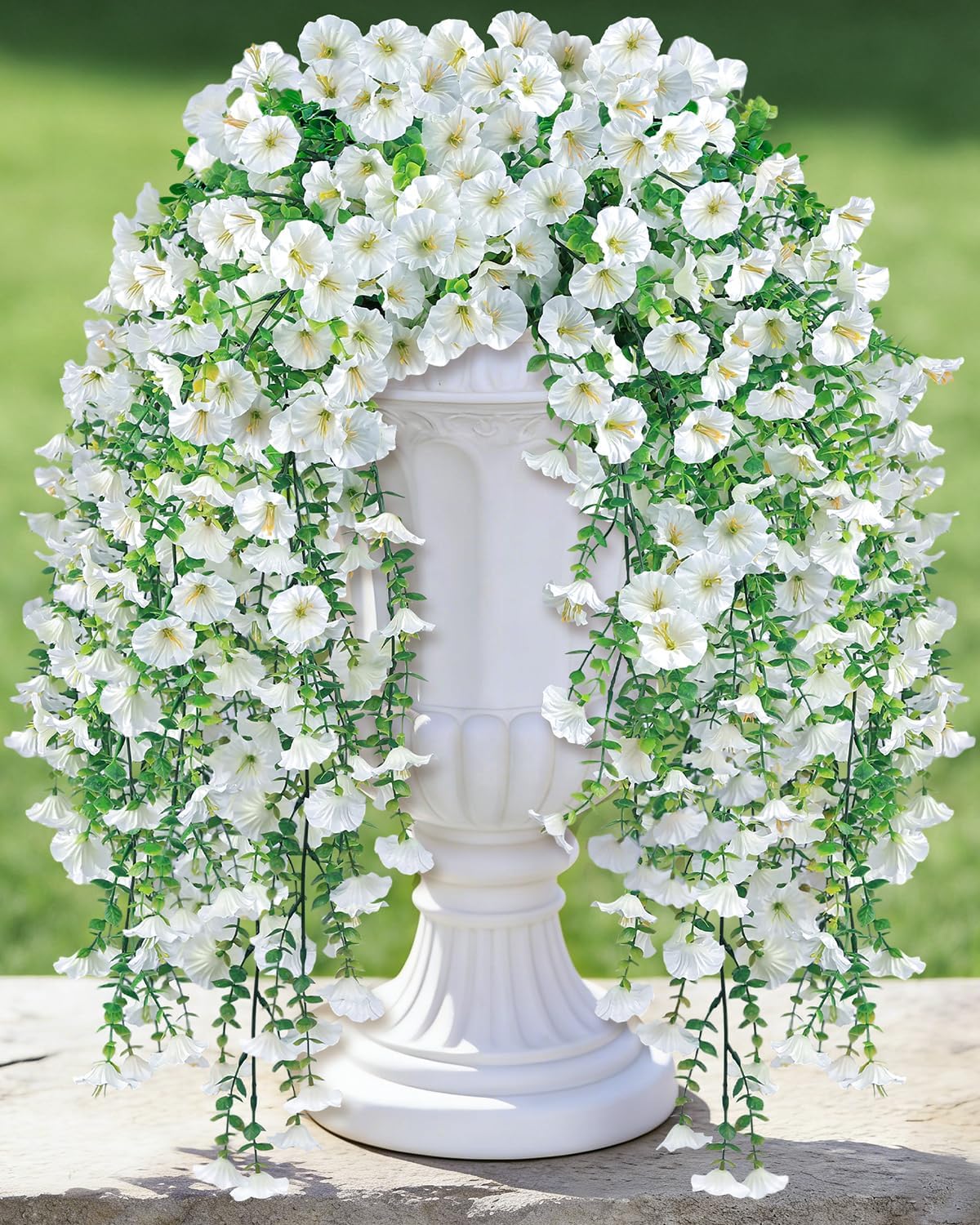 Artificial Hanging Flowers for Outdoors, 6Pcs UV Resistant Faux Silk Morning Glory Flowers, Artificial Fake Plants Trailing Vines for Porch Patio Balcony Yard Garden Farmhouse (White)