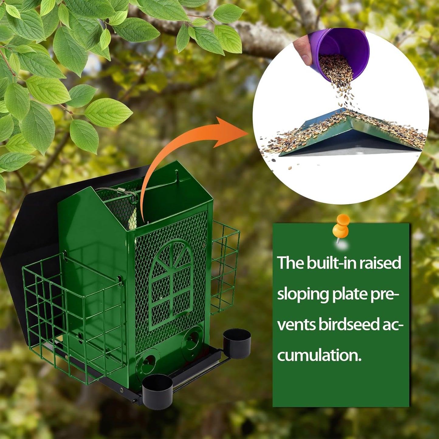 Outdoor Metal Hanging Bird Feeder Large Capacity Premium Wild Bird Feeder (Includes Bread Tray) Metal Mesh Design Multi-Compartment Food Storage Green (Green)