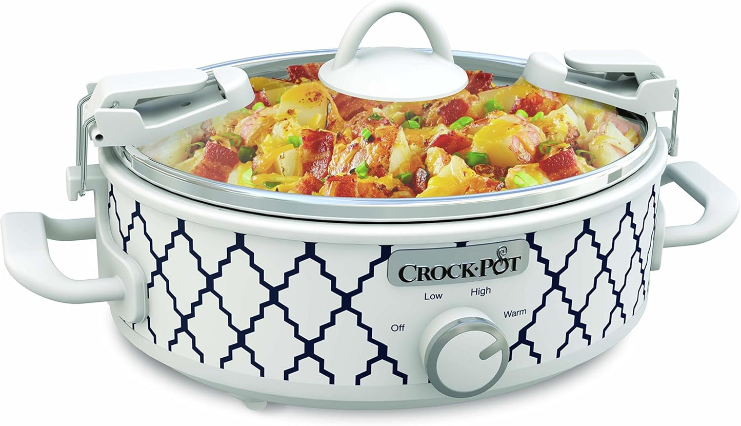 Crock-Pot 소형 2.4L(2.5쿼트) 캐서롤 슬로우 쿠커, 화이트/블루, 눈길을 사로잡는 빠른 식사를 즐기기, 내구성 및 컴팩트