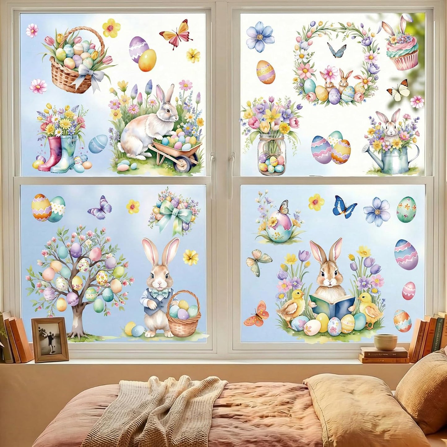 9 Sheets Easter Window Clings for Glass Windows - Watercolor Bunny & Egg Holiday Window Stickers - Spring Decorations for Home, Office & Classroom - Double-Sided Static Decals