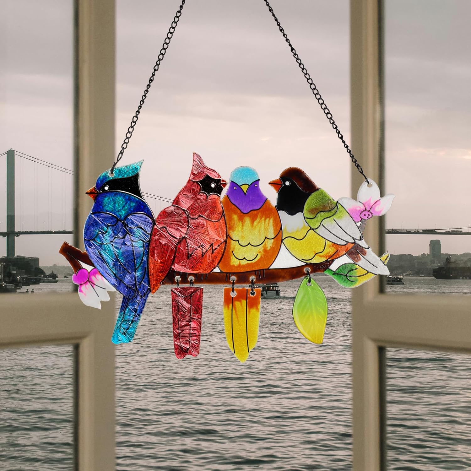Stained Glass Window Hanging, Birds on A Branch Stain Glass Suncatcher
