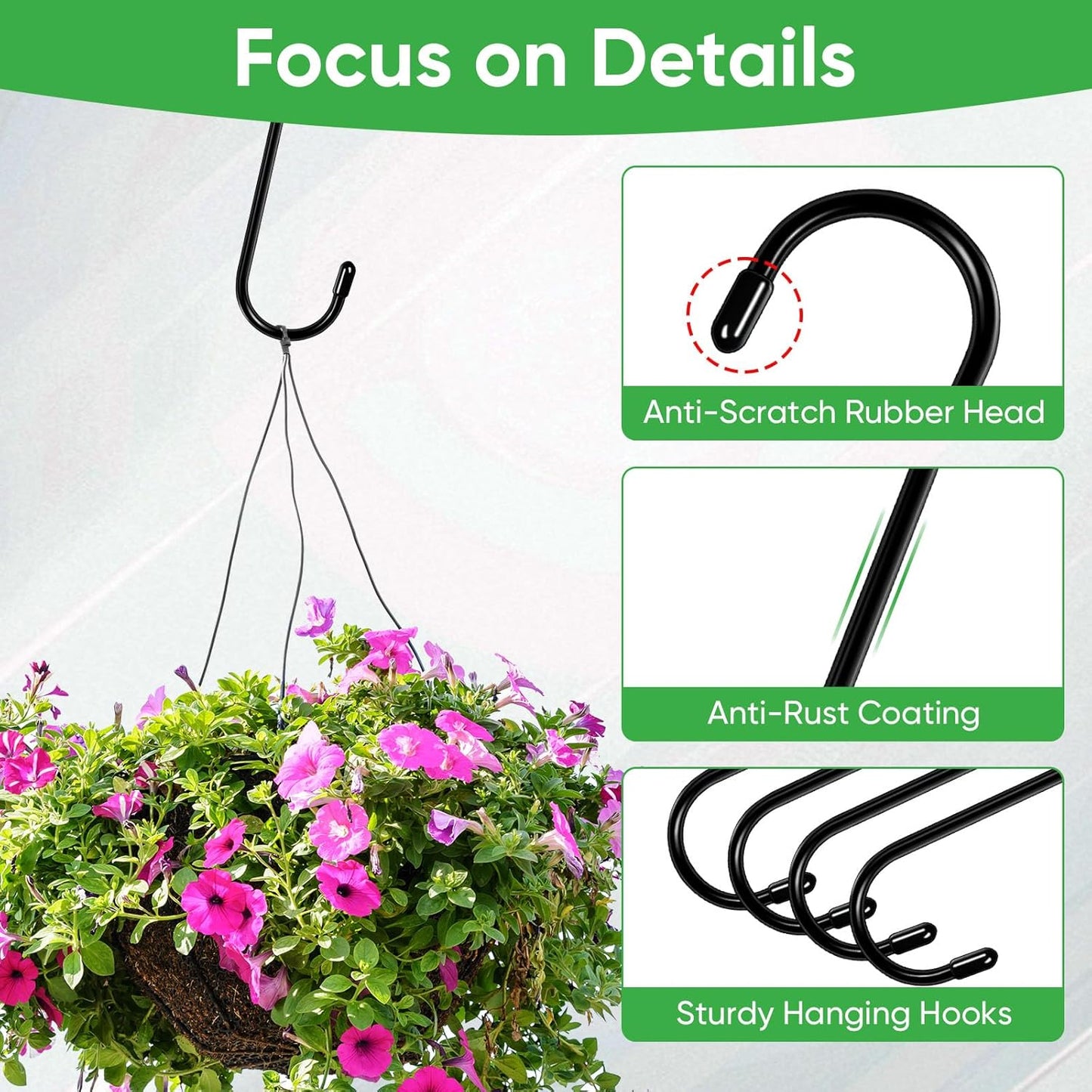 HiGift 8 Pack 12 Inch Long S Hooks for Hanging Plants, Large Plant Hooks for Hanging Baskets Heavy Duty, Black Extender Hooks for Kitchenware, Pergola, Closet, Flower Basket, Bird Feeder, Wind Chimes