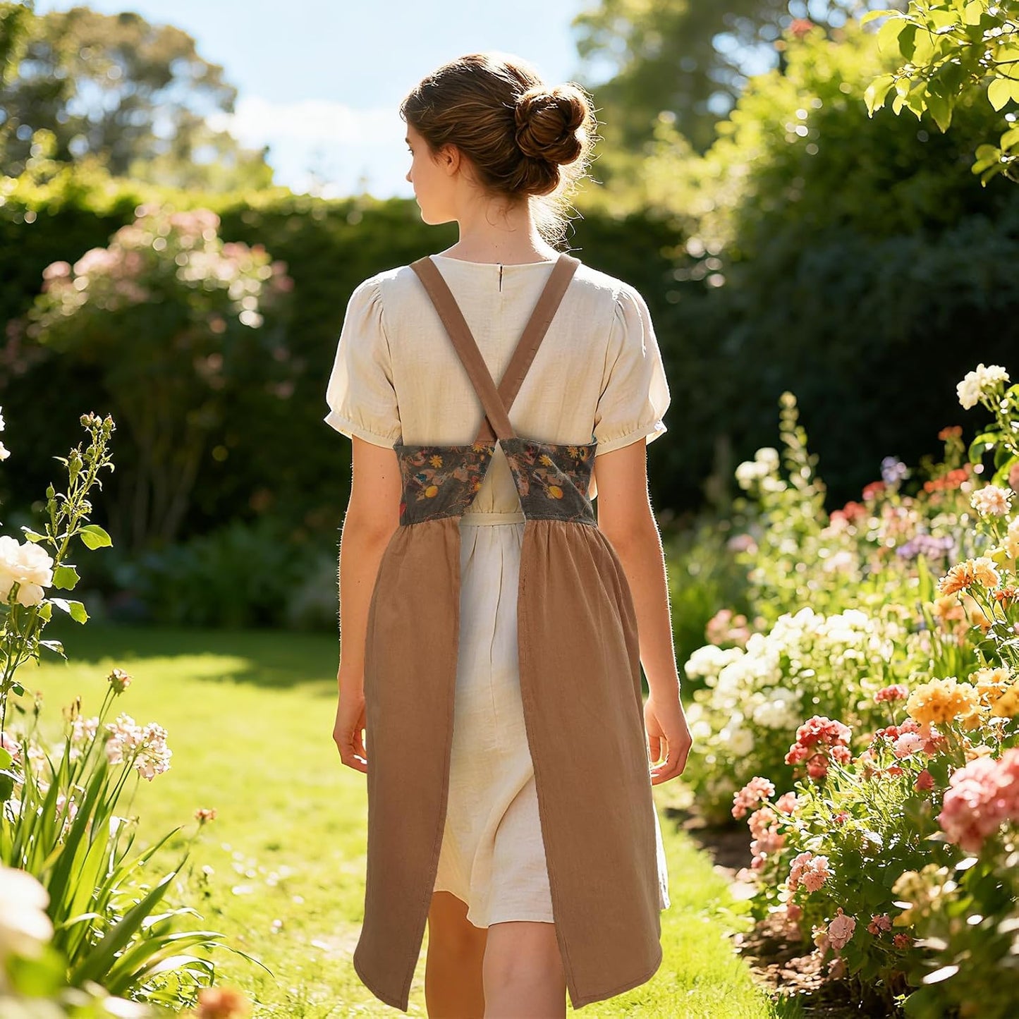 Cityelf Vintage Pinafore Apron Dress Snap Adjust Linen Cotton with Poc