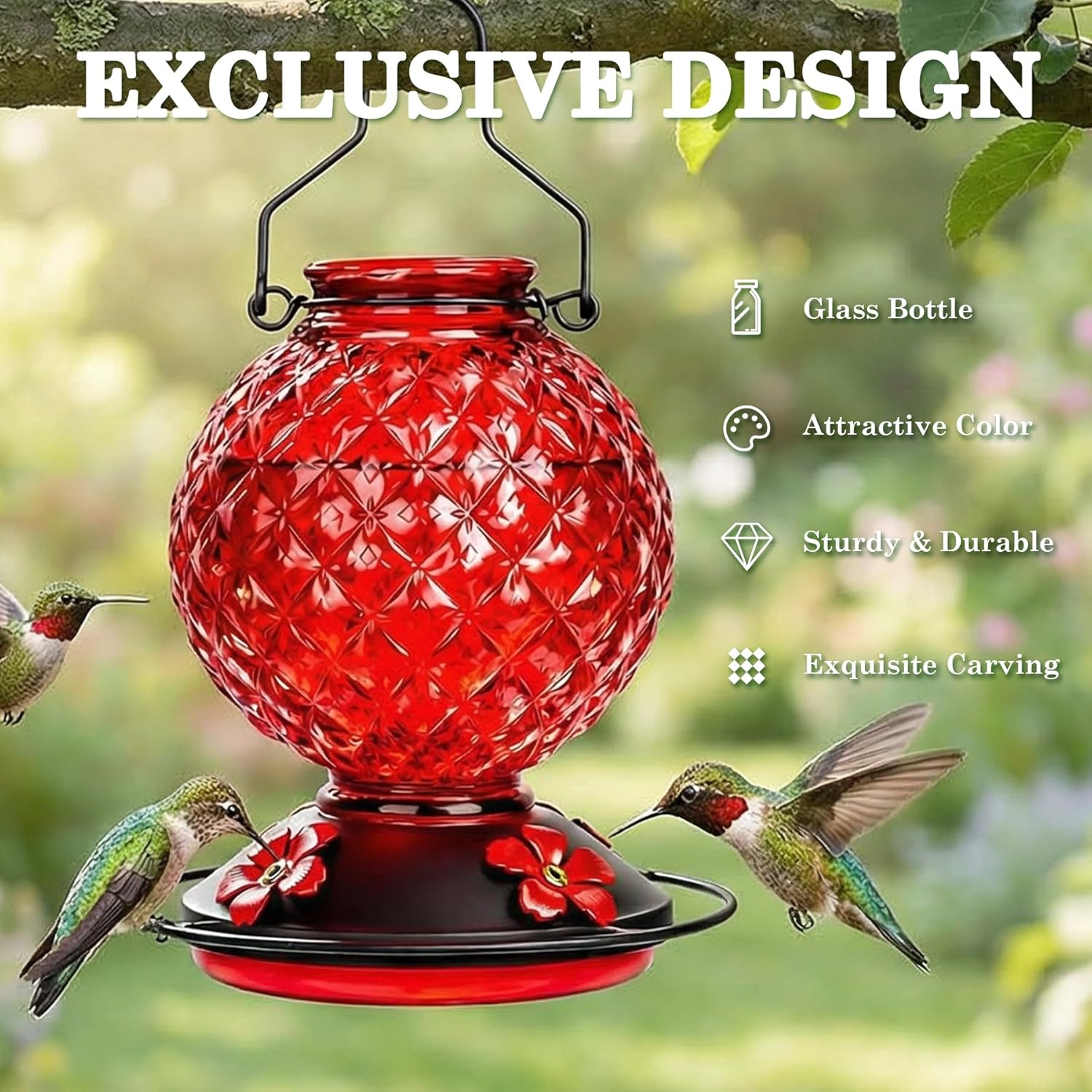 Glass Hummingbird Feeder for Outdoors Hanging, 25 OZ Humming Bird Nect