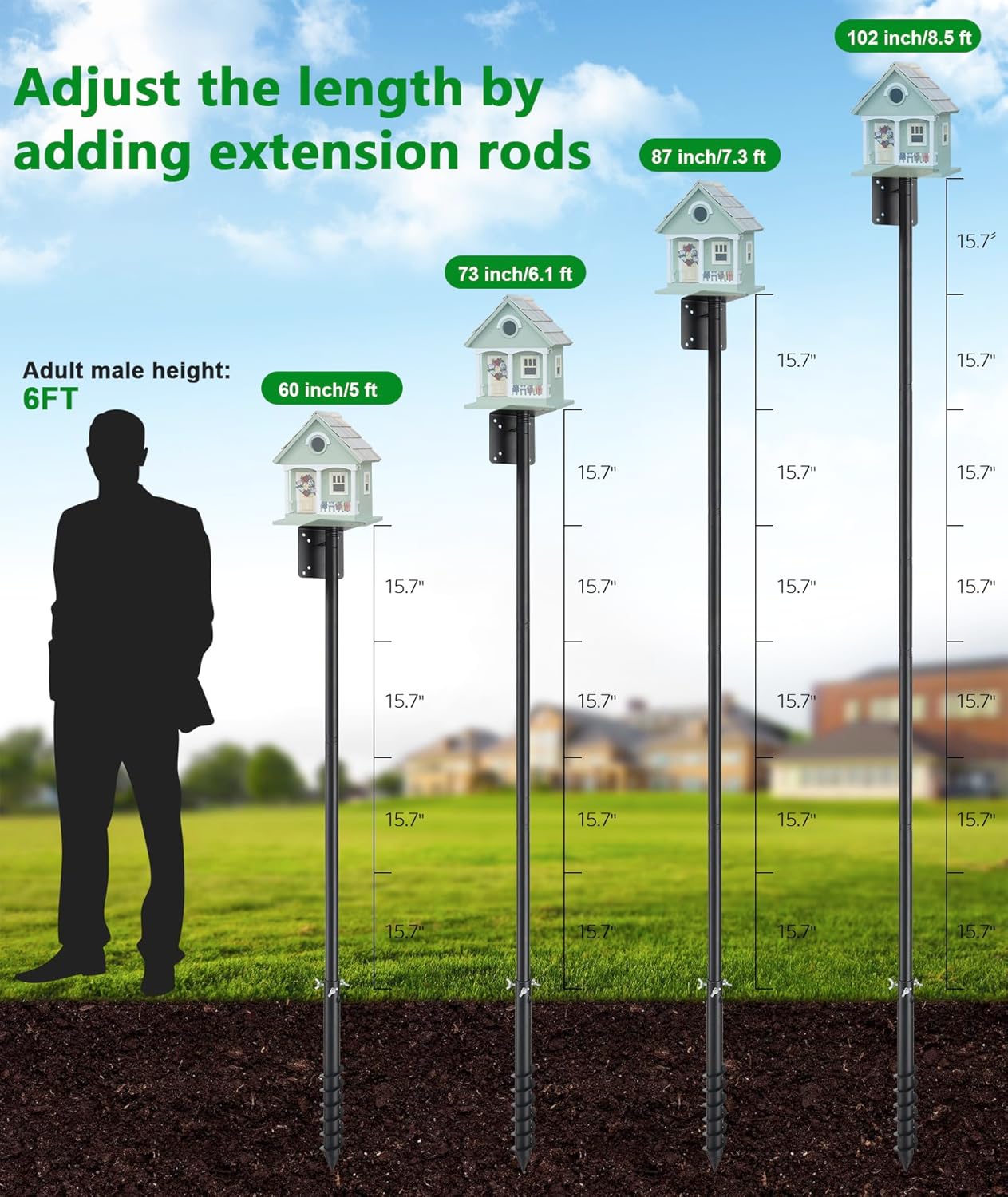 Heavy Duty Bird Feeder Pole - 73 Inch Adjustable 1 Inch Metal Bird House Pole with 14” Deep Auger Base | Outdoor Mount Kit for Bluebird Houses, Hummingbird Feeders, Smart Bird Feeder with Camera