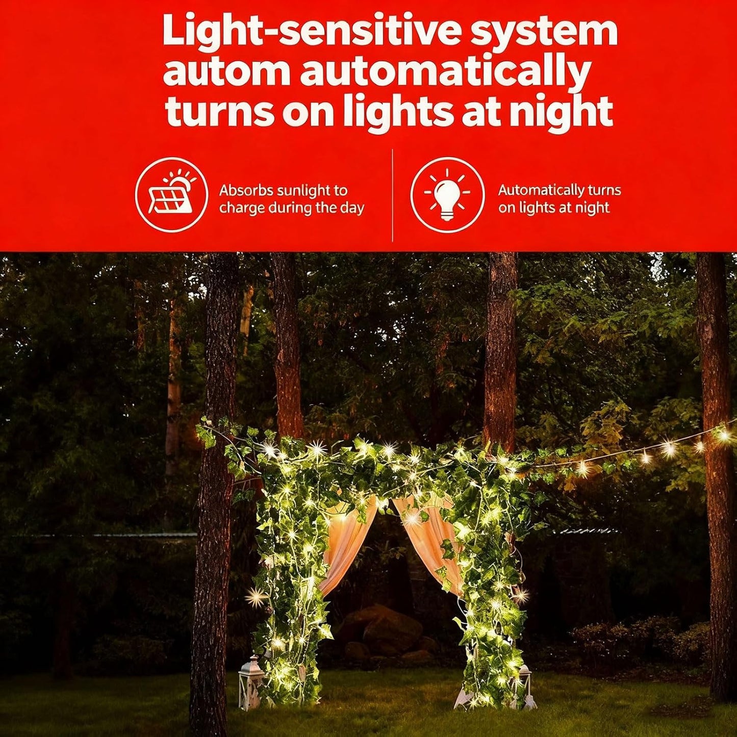 Zero Cost Solar Christmas Lights Outdoor, 2-10M Auto On/Off Vine Lights with 8 Modes, Waterproof for Xmas Tree, Garden & Long-Lasting Holiday Decor(5m/16.4ft,Sol Pwr,9)