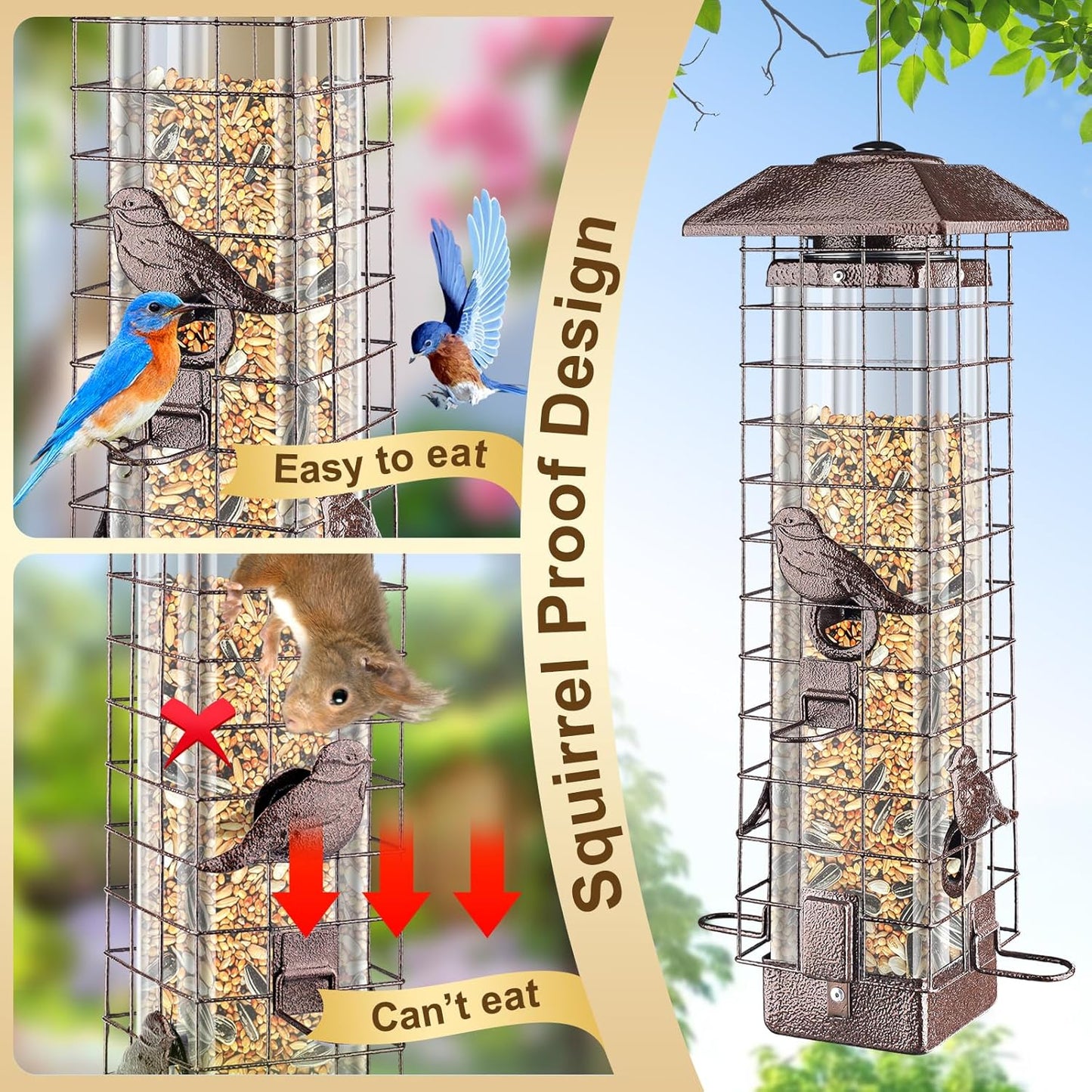 Squirrel Proof Bird Feeder for Outdoors Hanging, 3LB Large Capacity Metal Wild Feeder with Gravity Protection, 4 Ports, Durable & Weatherproof for Cardinals, Chickadees, Backyard Bird Watching