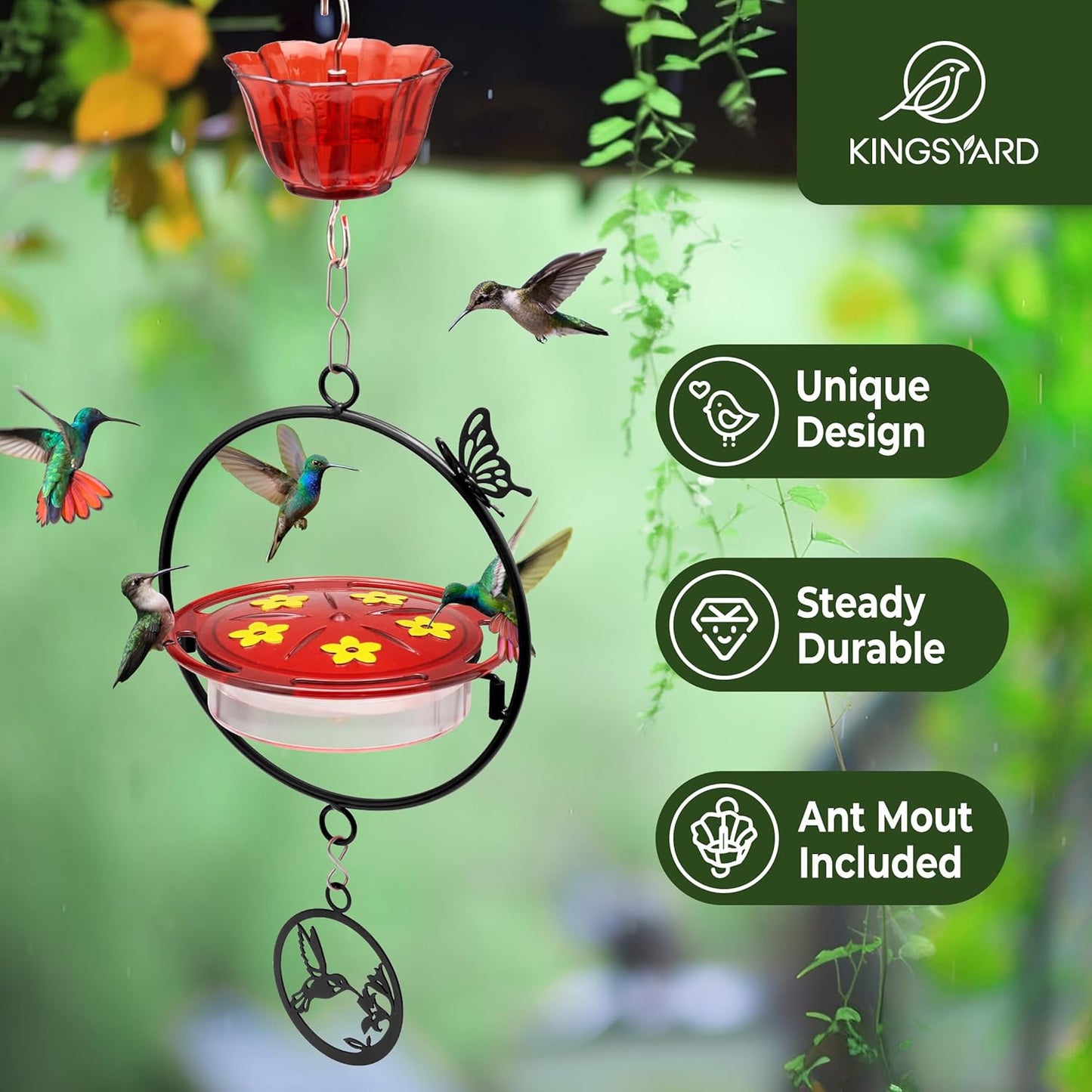 Kingsyard Upgraded Hummingbird Feeder Hanging, Large Capacity Nectar Tray Bee Proof Leakproof, Outdoor 5 Port Perch Metal Bracket Ant Moat Easy Clean Weather Resistant，Black Metal Frame
