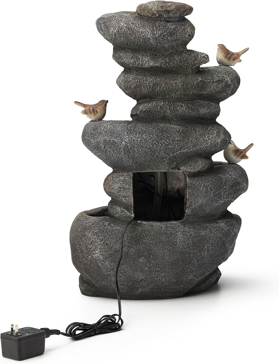 Glitzhome 5-Tier Cascading Rock Outdoor Water Fountain with LED Light & Pump, Natural Stacked Stone Look Water Fountain with Lively Birds for Garden, Patio, Porch, 23”H
