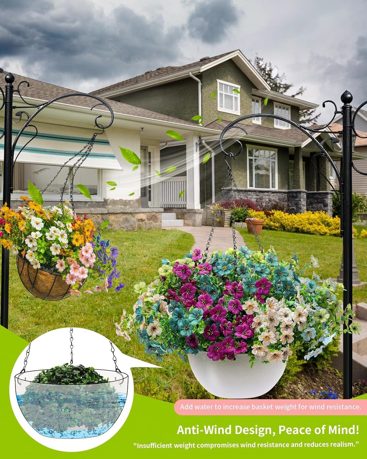 Artificial Hanging Flowers Basket for Outdoors, 30 Pack UV-Resistant Fake Colorful Silk Daisy Flowers (2 White Planters+30 Flowers(Green/Teal/Purple/Blue/Champagne))