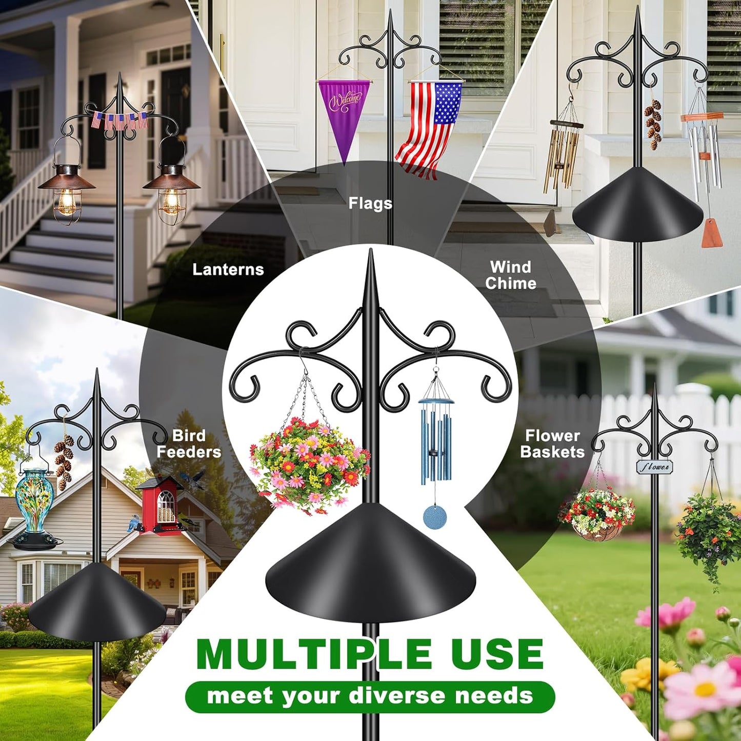 Heavy Duty Double Shepherd Hooks Squirrel Proof for Outdoor with 5-Prong Base, 88inch Adjustable Decorative Metal Bird Feeder Pole with Baffle for Hanging Bird Nests, Plant Baskets,1 Pack