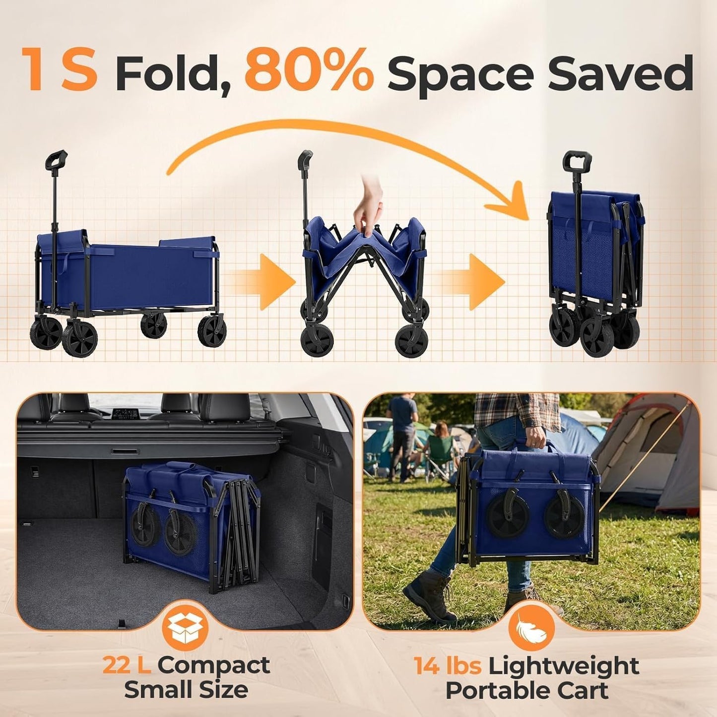 Portable Collapsible Wagon Cart, Foldable Cart with Removable Side, Utility Groceries Wagon for Dogs Pets Camping Beach Shopping Sports Gardeing Fishing, Blue