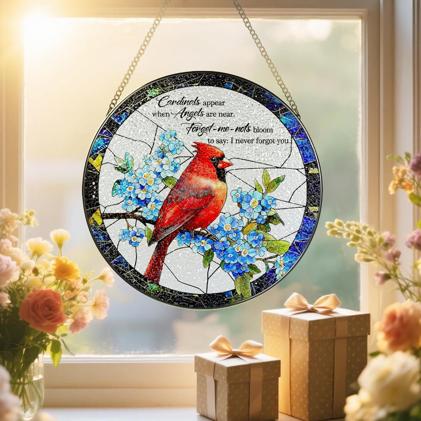 Cardinal Stained Glass Window Hanging, 8 Inch Sun Catchers Indoor Wind