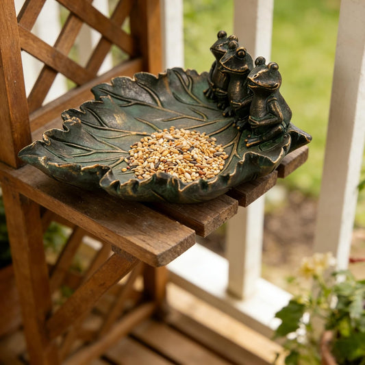 Bronze Leaf Bird Bath with Frog Figurines Resin Birdbath Bowl Small Wa
