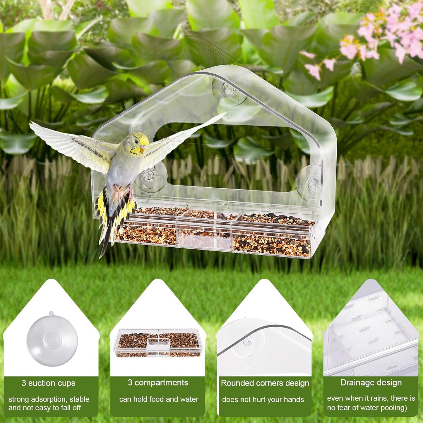 HOMEE Acrylic Bird Feeder,Clear Window Bird Feeders with Suction Cups for Outdoors Feeding Watching for Garden and Yard