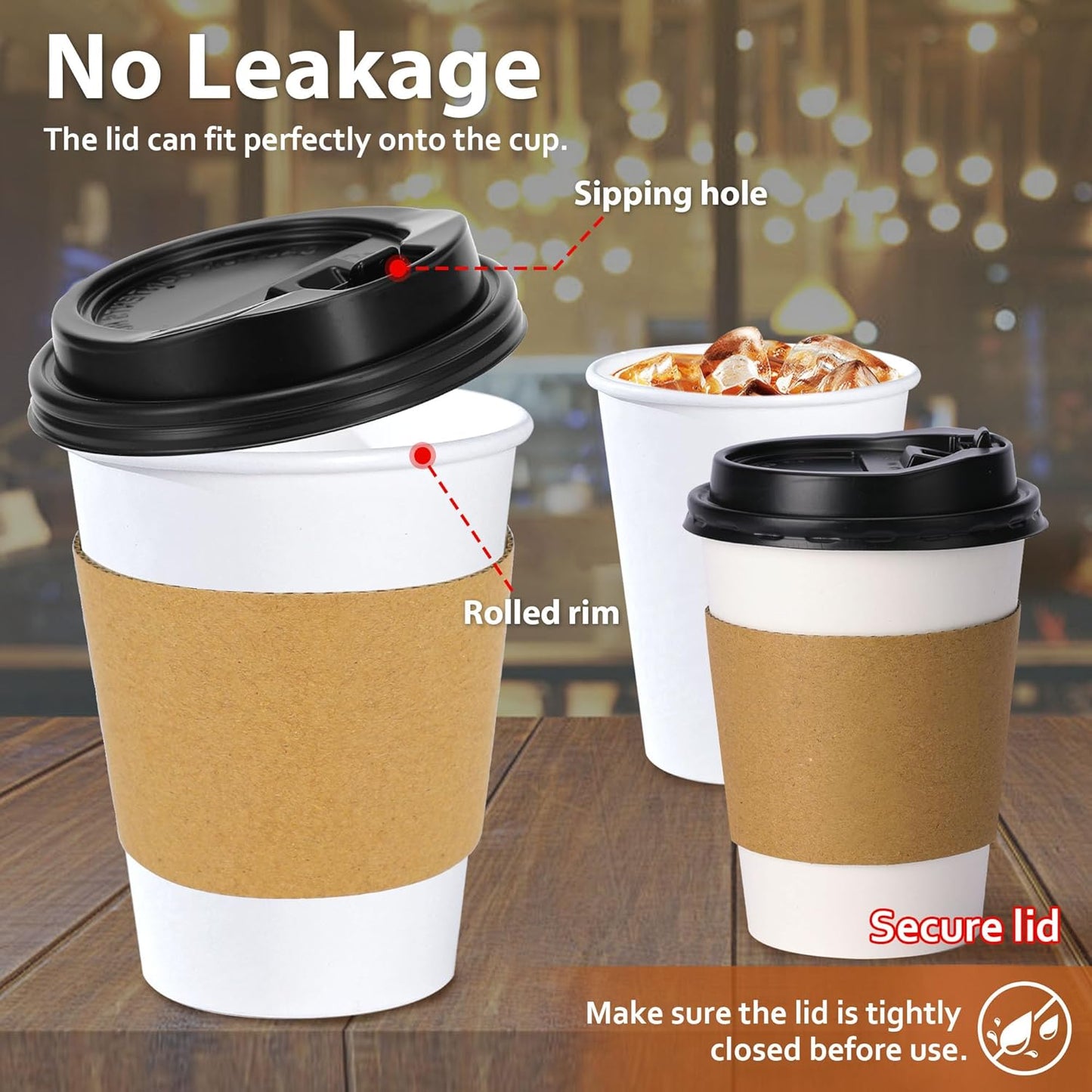 100 Pack 12 oz Disposable Coffee Cups with Lids and Insulated Sleeves, Leak-free Paper and Sturdy Thick Paper Hot to Go Coffee Cups with Lids for Cold/Hot Beverage (White)