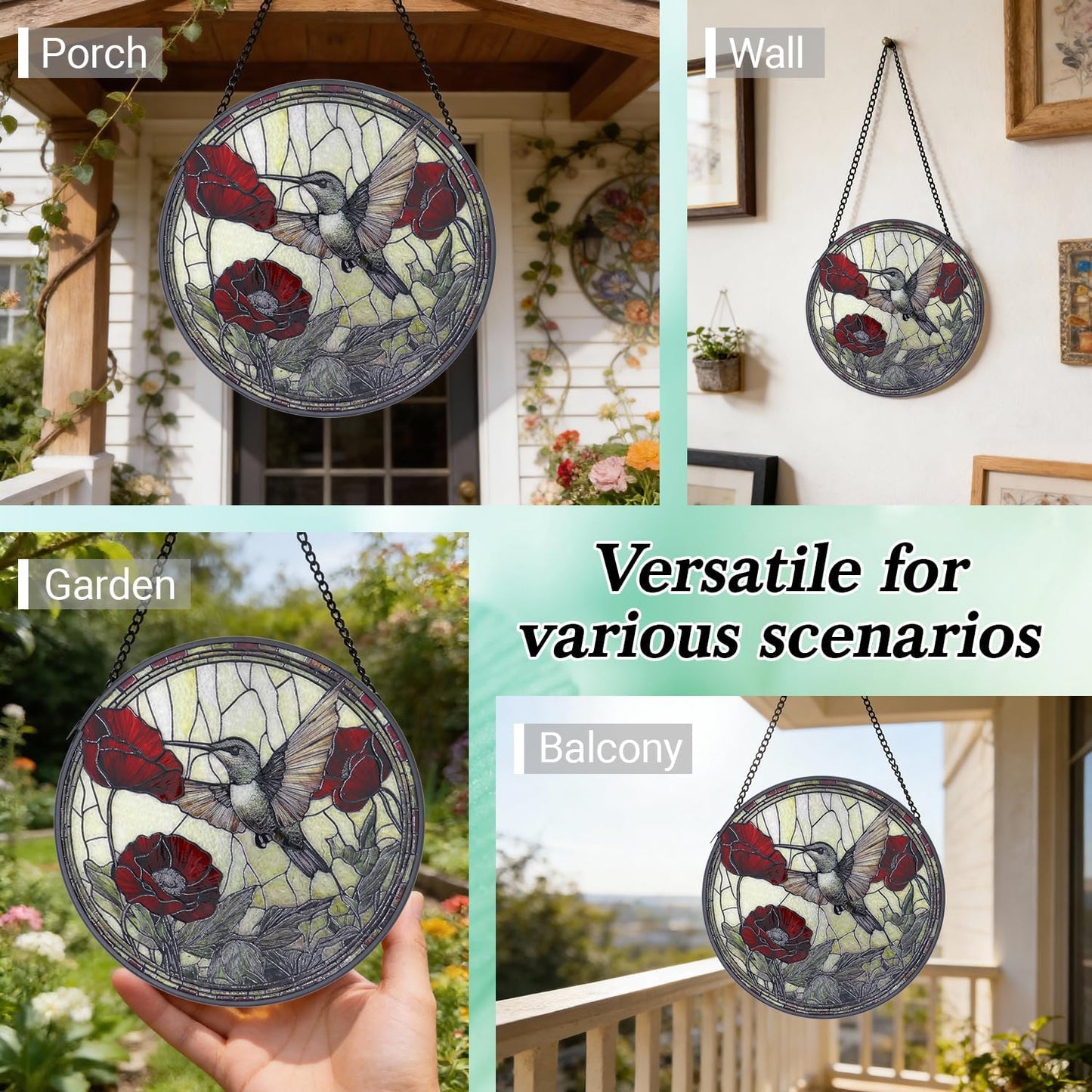 Stained Glass Window Hanging - 6.3 Inch Hummingbird Red Flower Suncatcher, Bird Suncatchers for Window Home Door Wall Garden Outdoor Decor and Birthday, Hummingbird Gifts for Adults Women Men Mom