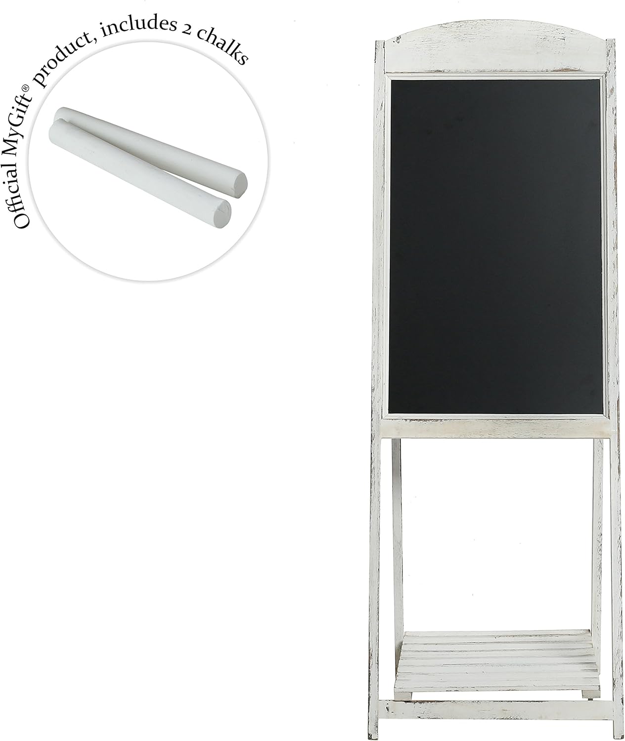 MyGift 45 Inch Tall Vintage White Weathered Paulownia Wood Sidewalk Chalkboard Sign with Plant Shelf Stand, Freestanding A-Frame Easel Erasable Message Board