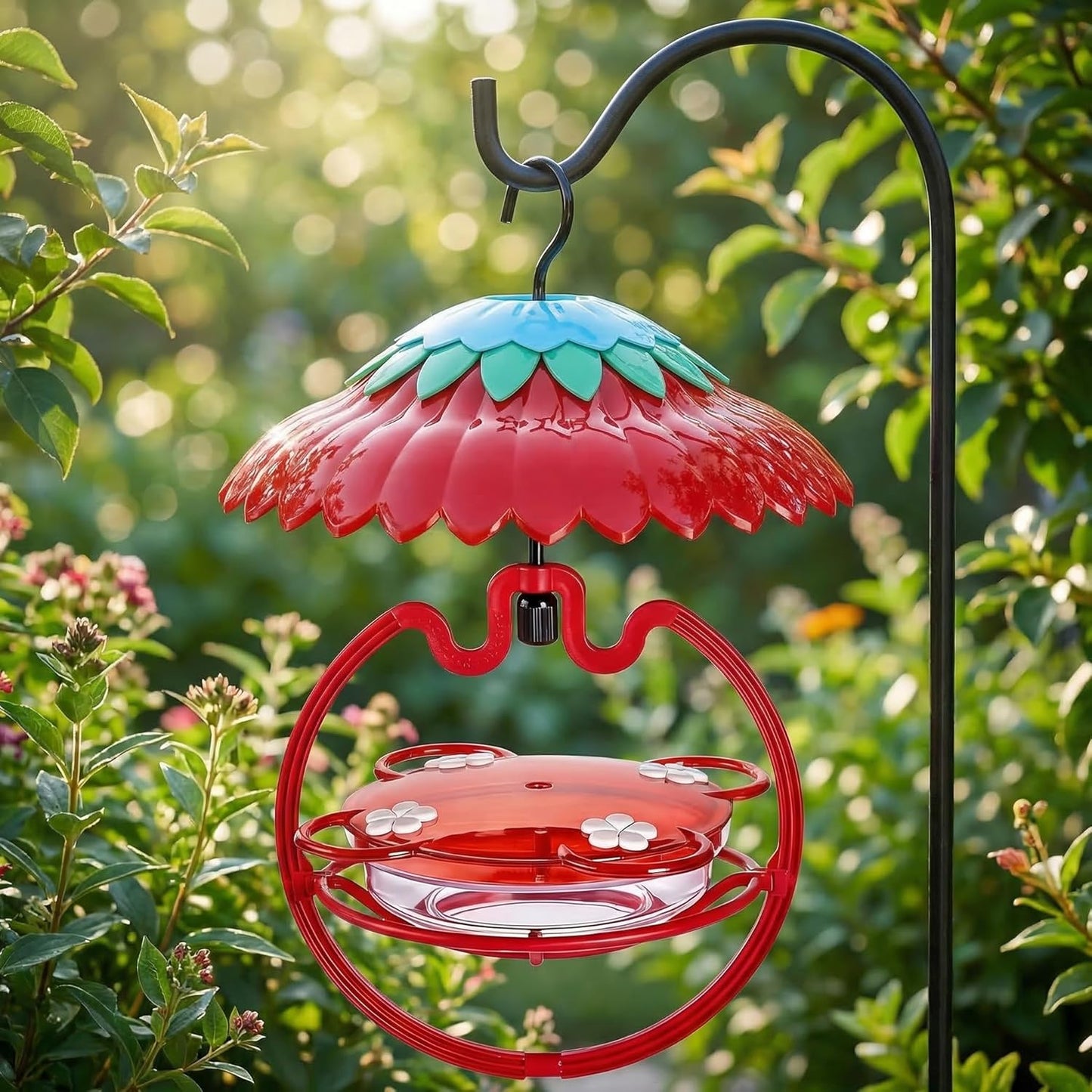 Shirem Hummingbird Feeder Sweety Hanging High View with Rain Cover for Outdoors 9.5 OZ with 4 Bee Guard Feedering Ports, 11" Dome Weather Ant Proof by Beserie,Red