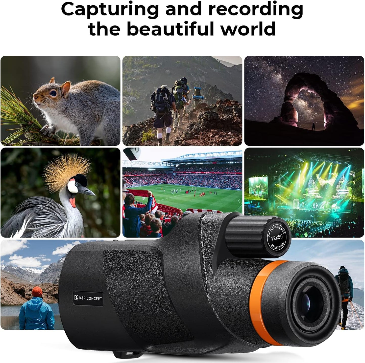 K&F Concept® 12X50 Monocular Telescope with Cleaning Cloth, FMC Lens & BAK4 Prism Telescopes for Adults, Sky Captain HD Monocular for Bird Watching Hunting Hiking Camping Travelling