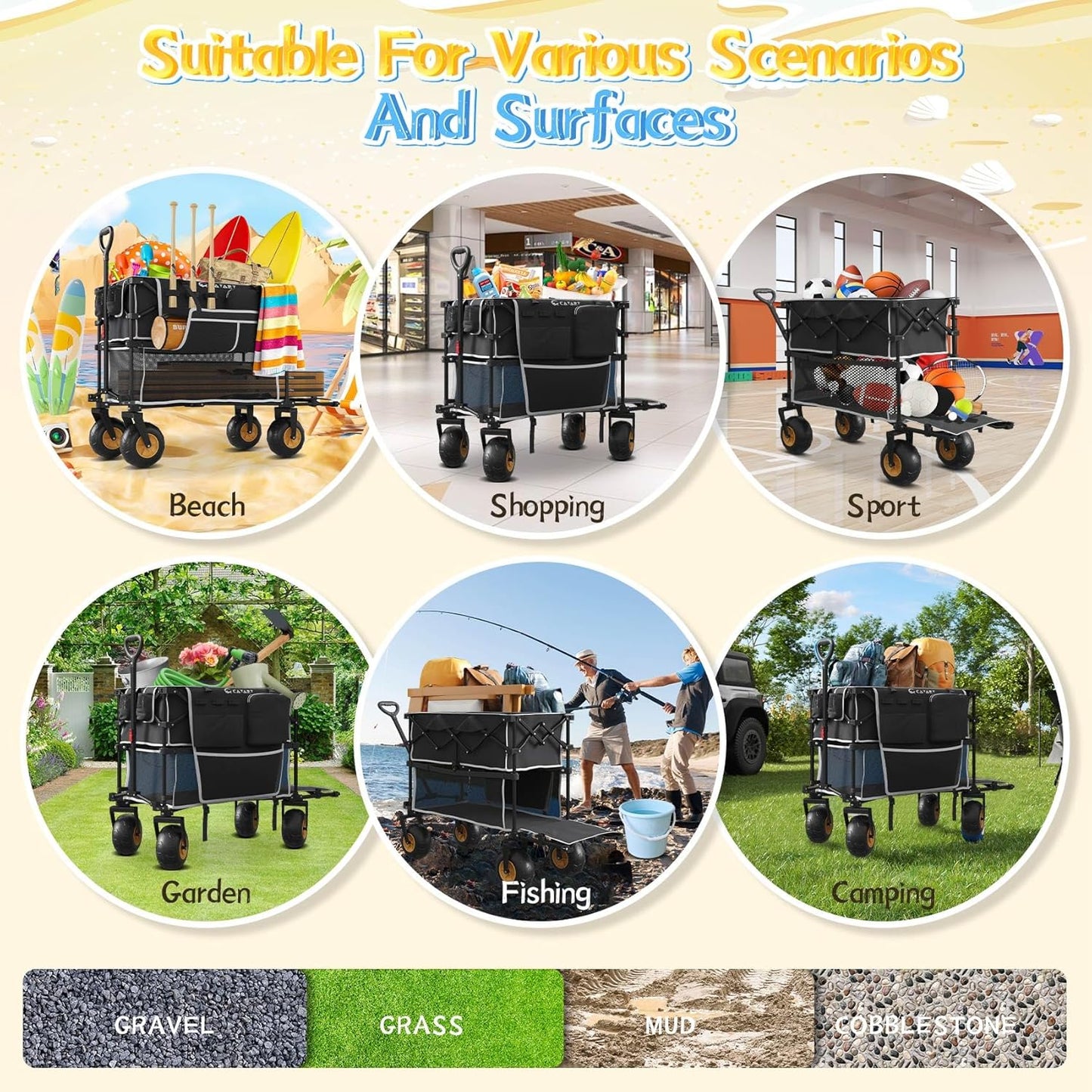 𝐔𝐩𝐠𝐫𝐚𝐝𝐞 Beach Wagon with Big Wheels for Sand, Double-Layer, 9" PVC All-Terrain Wheel, 500 lb Load Capacity, Oversized 400L, for Beach, Camping, Garden & Outdoor Sports (Black)
