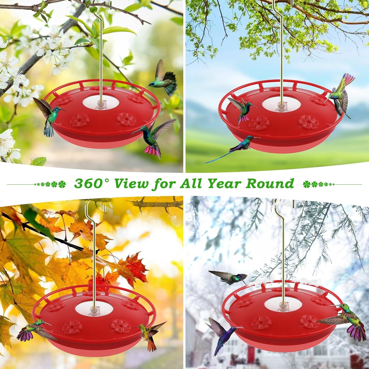 FEED GARDEN 2 Pack 16 oz Plastic Disc Hummingbird Feeders for Outdoors Hanging, Leak-Resistant Nectar Feeder with 5 Ports, Wide Mouth Easy Clean & Refill, Built-in Ant Moat for Garden Backyard