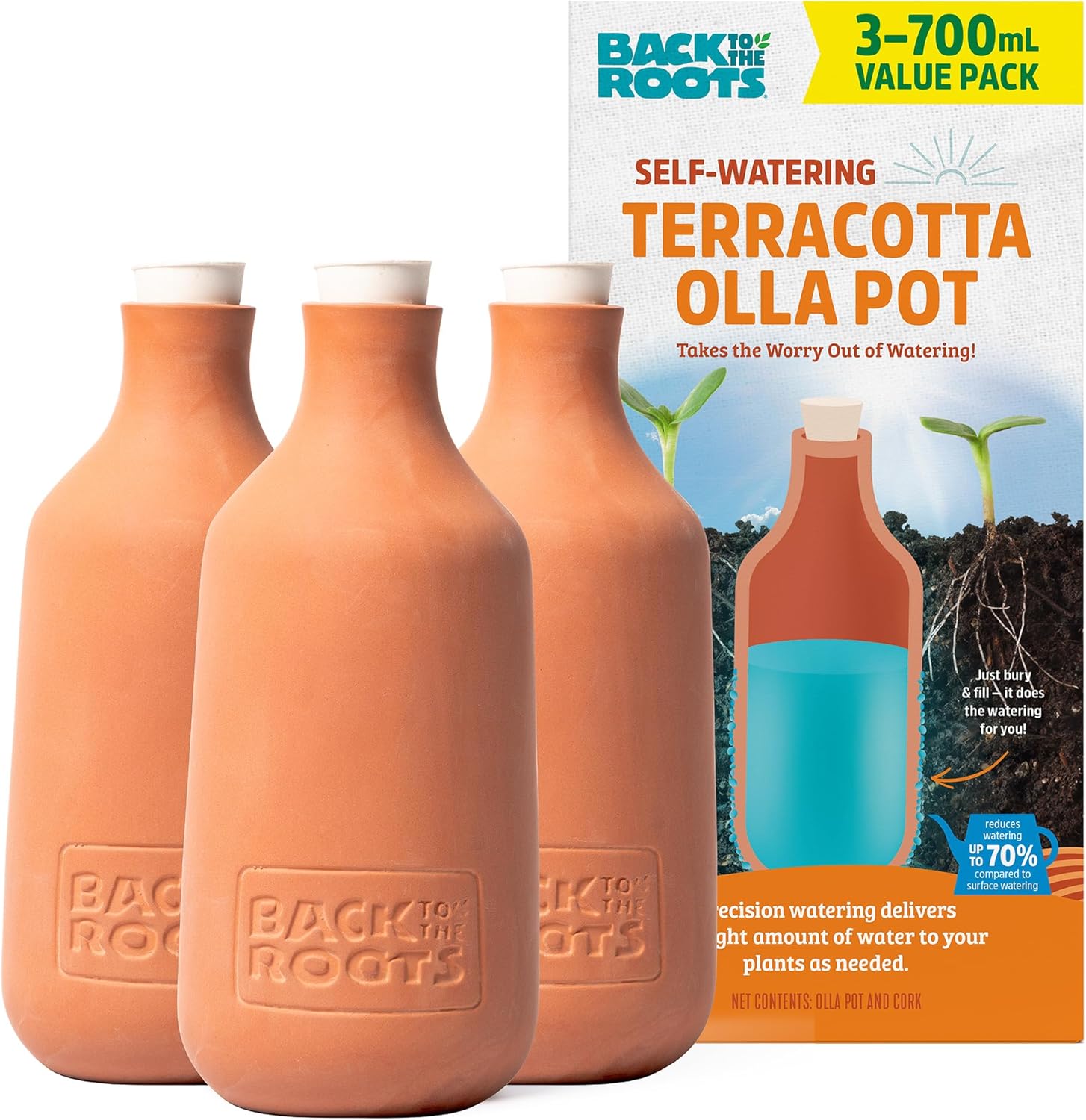 Back to the Roots Self-Watering Terracotta Olla Pot (Pack of 3), 700mL