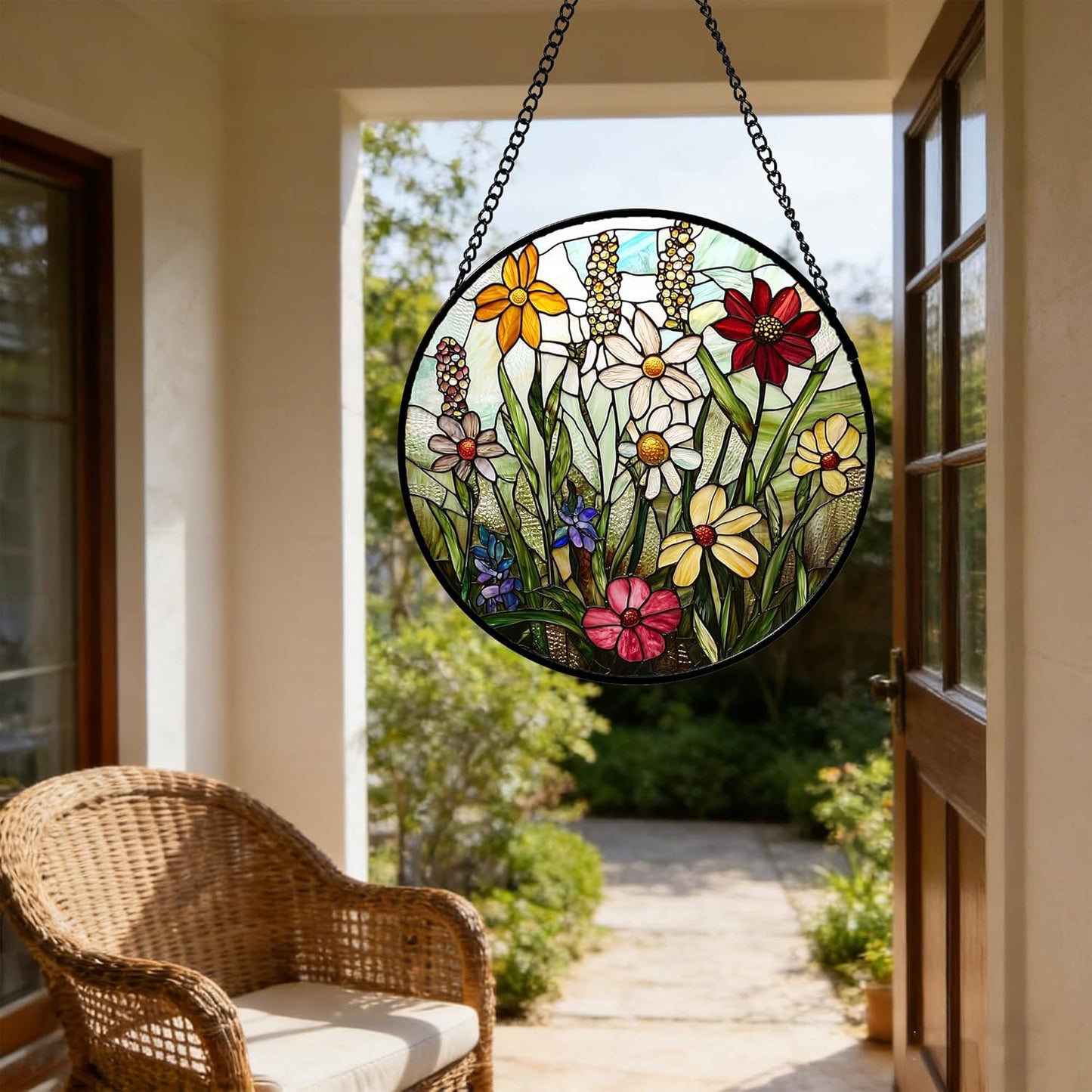Stained Glass Window Hanging, Colorful Wildflowers Plant Scenery Suncatcher for Doors Window Home White Green Sun Catchers Decor Mother's Day Birthday Gifts for Women, Men Mom 7.8 in