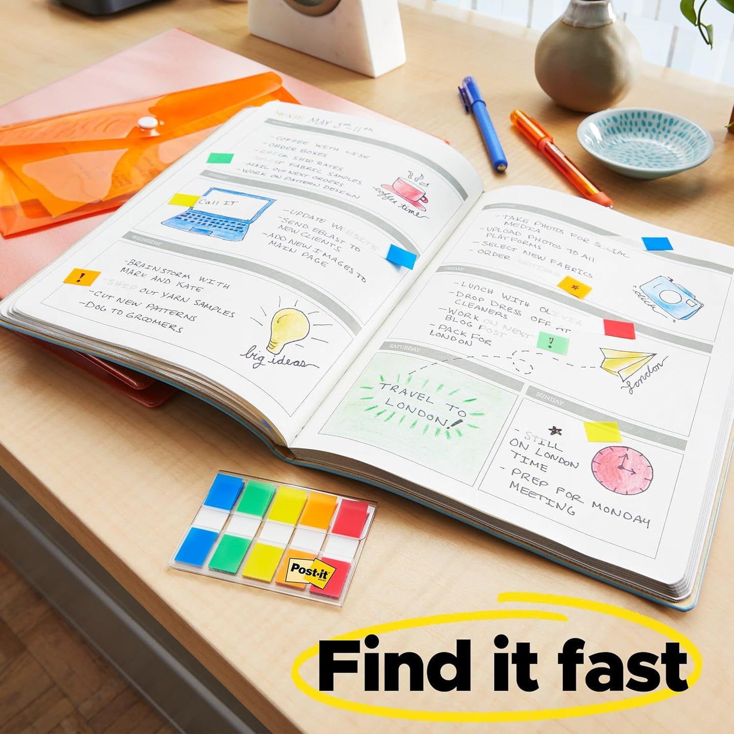 Post-it Flags, 0.94 in. x 1.7 in., One Dispenser with 20-Count Sticky Tabs in Alternating Colors (60 Flags Total), Removable Page Markers for Planners, Journals, and Calendars