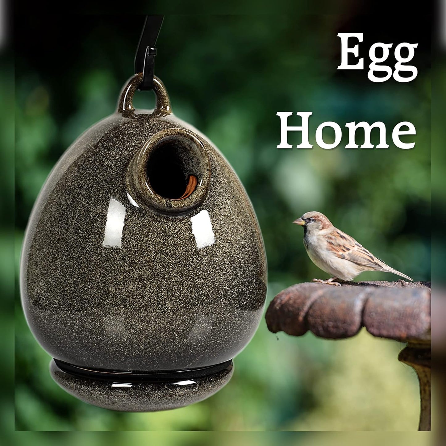Byer of Maine Egg Bird Home for Small Songbirds, Sandy Granite, High Fired Porcelain Stoneware, Ceramic Bird House, Glaze Finish, with Forged Steel Hook