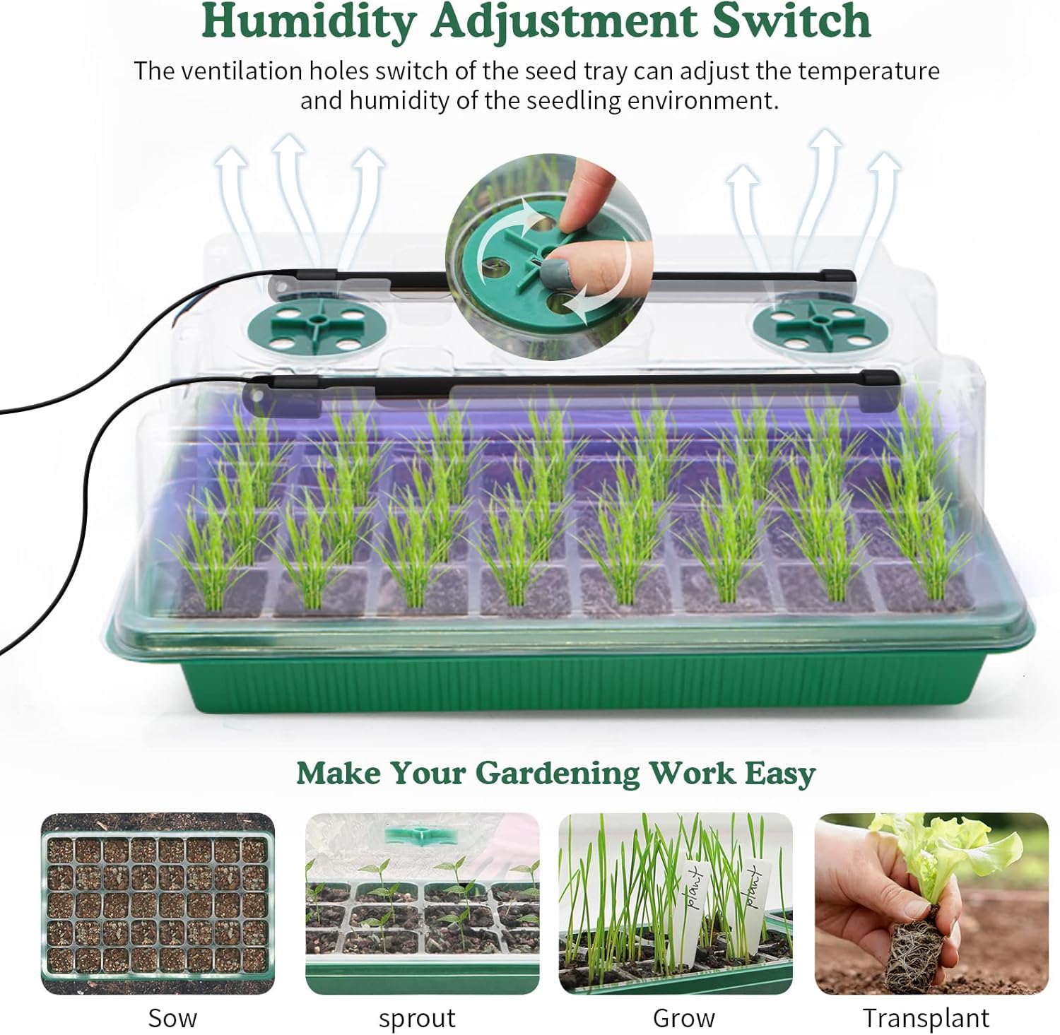 MQUPIN 80-Cell Seed Starter Tray with Grow Light, 2-Pack Adjustable Br